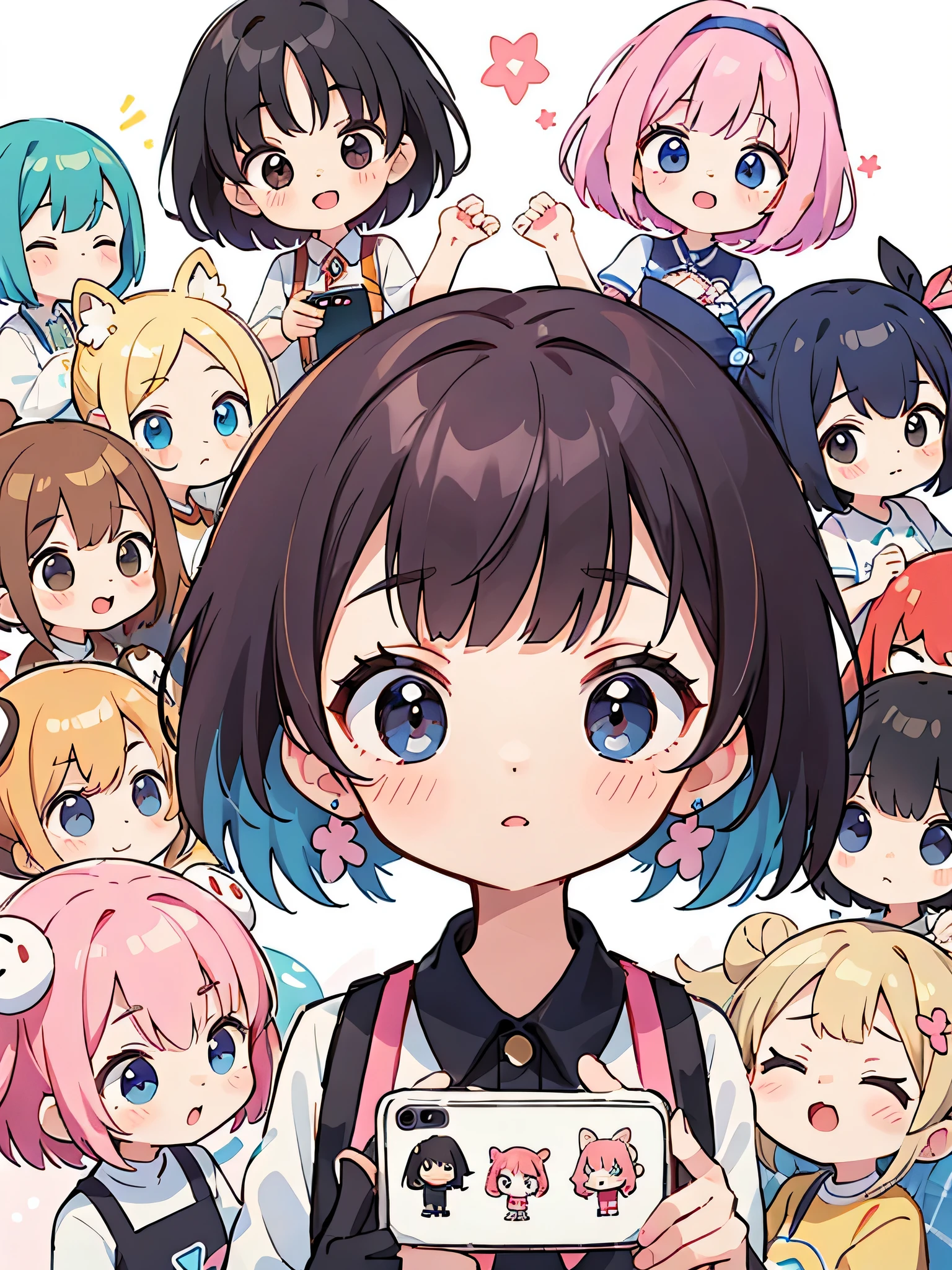 Momoko Sakura style, Kawaii Design, (((10 people)))、most beautiful girl ever、Chibi, Colorful bob hair、((Lots of friends))、Smartphone games for everyone