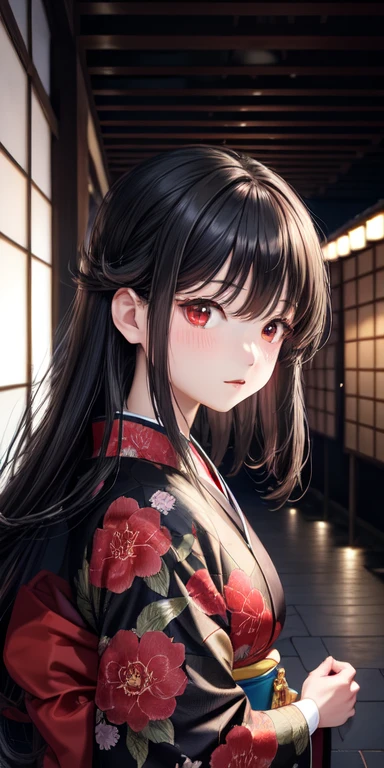 camellia、Black Hair、kimono、Red eyes 、japanese house