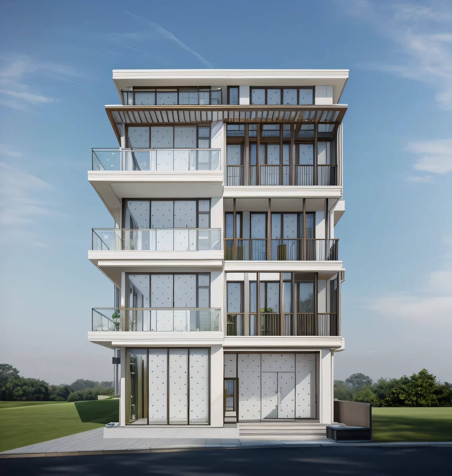 Promt:masterpiece, (photorealistic:1.2), best quality, ultra high res, exterior,architechture,modern house,white wall, glass windows,,trees,traffic road,design,trees around, blue sky,in the style of realistic hyper-detailed rendering, 32k uhd, low-angle, composite construction, piles/stacks, innovative page design, daylight,render( Vray:1.1)