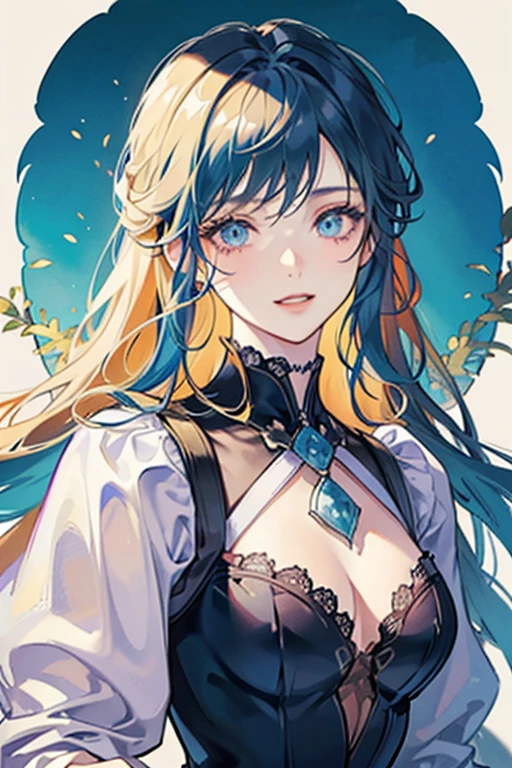 The first is a young redhead drawn in detail.,The second is a woman with blue hair drawn in detail,The third is a blonde woman portrayed in detail,The fourth is a man with black hair drawn in detail.,Um sorriso,rainbow effect,fundo detalhado,