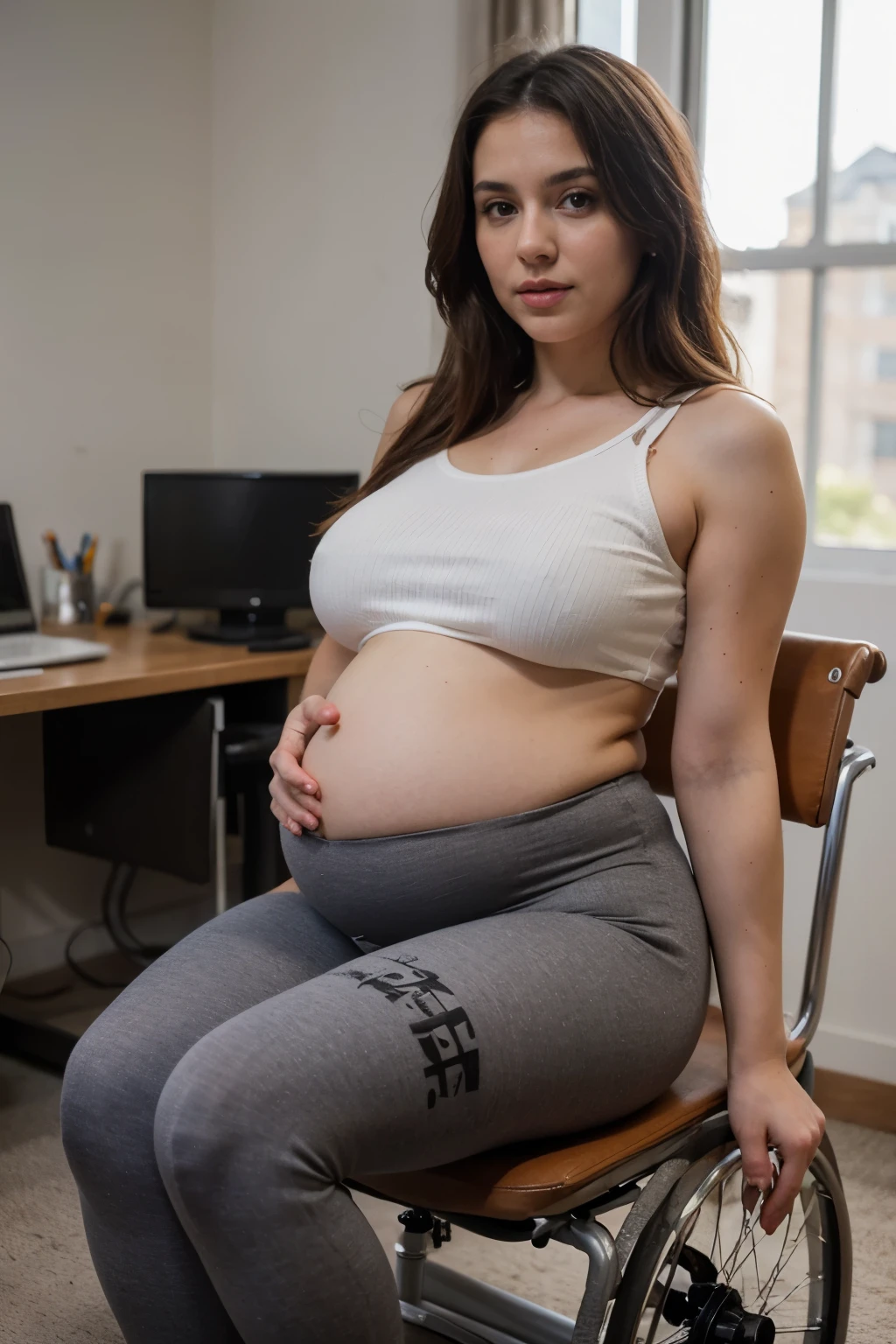 ((best quality)), ((masterpiece)), (detailed), photorealistic, pregnant woman, sitting on wheelchair, thick leggings, pregnancy leggings