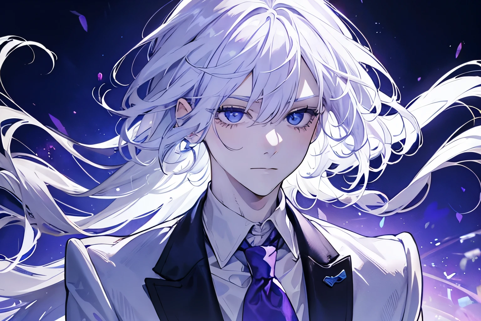 1 male, White Hair, Purple formal suit, Blue Eyes