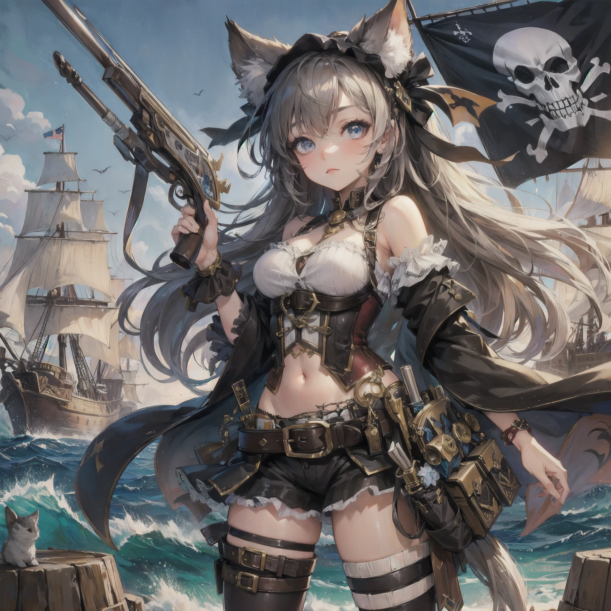 high quality,hd,16k,sharp line,1girl,fantasy,female pirate,beautiful hair ,cute face, large breasts ,nice legs,,focus girl,detailed beautiful face,detailed clothes,beautiful eyes,sexy,dynamic angle