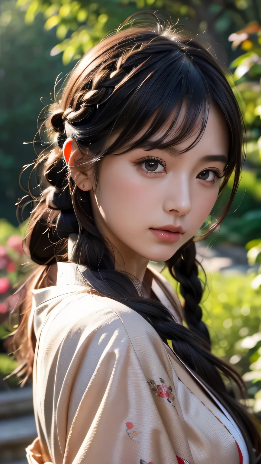 1 girl, dull bangs, Braid, wide sleeve, hair ornaments, kimono, red obi, (black hair:1.2), very long hair, straight hair, looking at the viewer, highly detailed background, (photo-realistic:1.2), fine eyes, red eyeshadow, Depth of the bounds written，thigh, (Ulzzang-6500:0.7), Upper body, (alone:1.2), (In an empty Japanese garden), cleavage,shiny skin､masterpiece, 最high quality, high quality, High resolution, (close up of face)､
