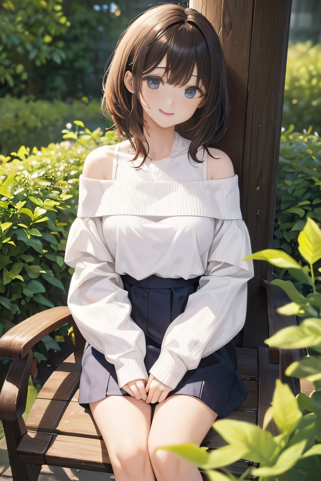 ((highest quality, 8K, masterpiece:1.3)), concentrated:1.2, Perfect body beauty:1.4, Hips:1.2, ((Delicate Hair)), (Colorful Solid Cold Shoulder Oversized Sweater、 :1.1) , ((highest quality、8K、masterpiece:1.3))、1 Girl、A sloppy smile、Esbian all over、Slim face、Big 、Beautiful woman、(Dark Brown Hair)、、1.1、Flickering Valley、Detailed eyes、double eyelid、Blurred Background、超Slim face、Looking down、garden、