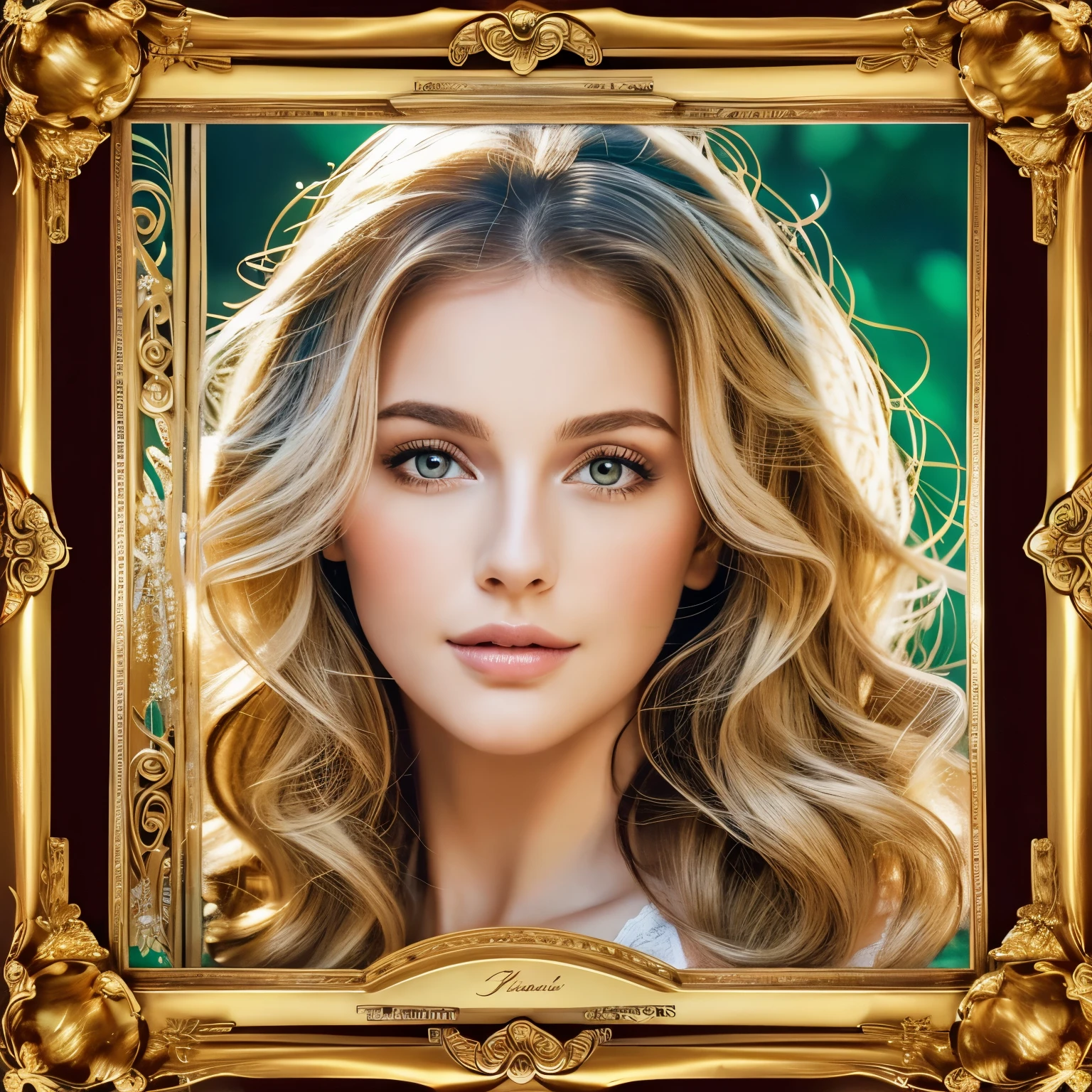 european woman face portrait, Long Curly Hair, blonde, flower frame, decorative panels, Abstract art, By Alfonse Mucci (masterpiece, highest quality, High resolution: 1.4), detailed, 複雑なdetailed, 4K, color splash, Line art, Fibonacci, In underwear