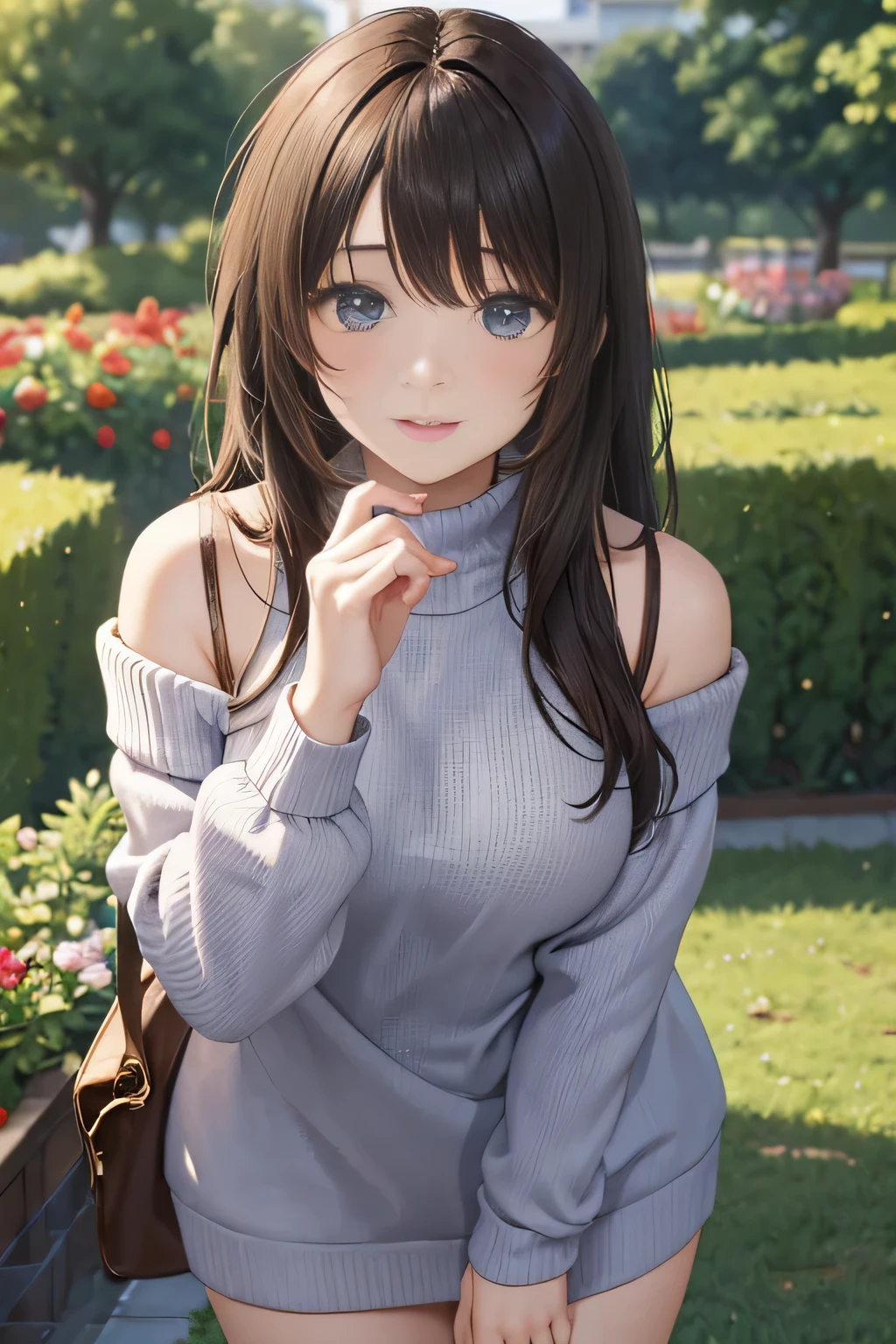 ((highest quality, 8K, masterpiece:1.3)), concentrated:1.2, Perfect body beauty:1.4, Hips:1.2, ((Delicate Hair)), (Colorful Solid Cold Shoulder Oversized Sweater、 :1.1) , ((highest quality、8K、masterpiece:1.3))、1 Girl、A sloppy smile、Esbian all over、Slim face、Big 、Beautiful woman、(Dark Brown Hair)、、1.1、Flickering Valley、Detailed eyes、double eyelid、Blurred Background、超Slim face、Looking down、garden、