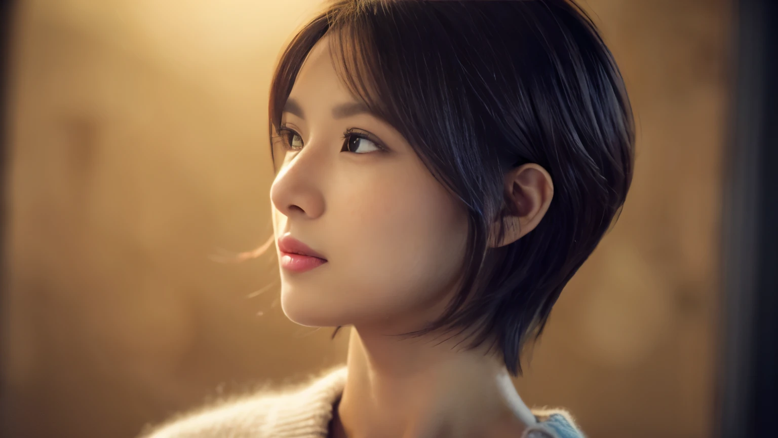 (highest quality、8k、32k、masterpiece、Hmph:1.2)、cute日本人女性の写真、very short bob hair、Upper Body、surface focus、Extra Large_sweater、necklace、Cafe Background、Search for viewers x4、(8k、RAW Photos、highest quality、masterpiece:1.2)、(Realistic、Photorealistic:1.37)、1 girl、cute、professional lighting、Photon Mapping、physically based rendering、Gradient brunette hair、Short Curly Hair、good looking、Excellent image quality、High resolution、1080p、(Beautiful face)、(Detailed facial depiction)、(Detailed Hand Explanation)、(Masseter muscle area)、(Detailed CG)、 Extreme light and shadow、Dirty hair、masterpiece、Rich details、(exquisite features)、(Best image quality)、(masterpiece)、(Detailed eyes)、Delicate clavicle、Various poses、Don'Don't look at the camera、profile、Photographed inside the cafe、Spring Clothes、simple necklace、knit