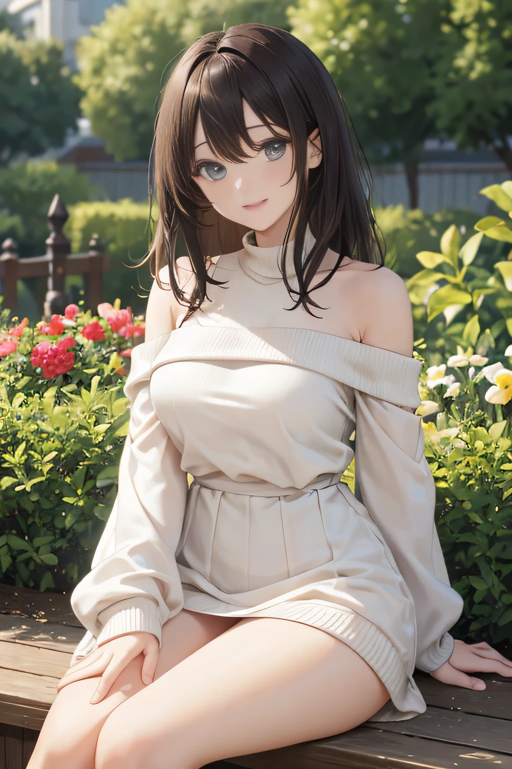 ((highest quality, 8K, masterpiece:1.3)), concentrated:1.2, Perfect body beauty:1.4, Hips:1.2, ((Delicate Hair)), (Colorful Solid Cold Shoulder Oversized Sweater、 :1.1) , ((highest quality、8K、masterpiece:1.3))、1 Girl、A sloppy smile、Esbian all over、Slim face、Big 、Beautiful woman、(Dark Brown Hair)、、1.1、Flickering Valley、Detailed eyes、double eyelid、Blurred Background、超Slim face、Looking down、garden、
