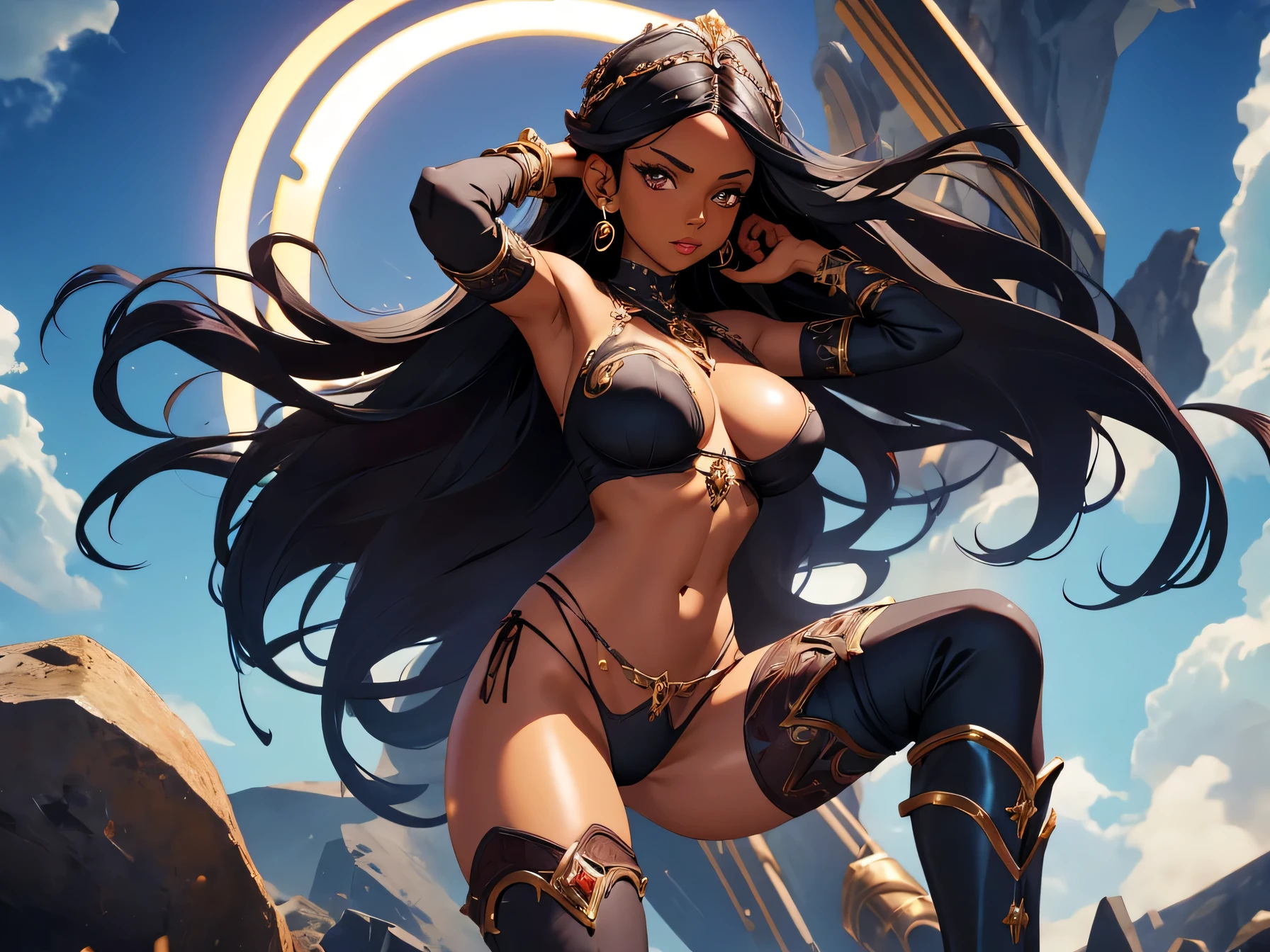 girl, areola slip, bare shoulders, black hair, boots, brown eyes, circlet, dark-skinned female, dark elf, dark skin, detached sleeves, earrings, elf, hair over one eye, highleg, highleg panties, jewelry, gigantic breasts, long hair, navel, olga discordia, panties, pointy ears, revealing clothes, shiny, shiny skin, solo, thighhighs, underwear, very long hair,shiny skin,pubic tattoo