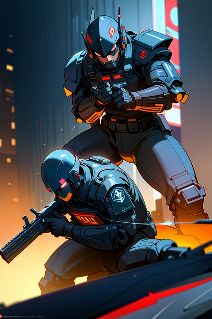 2men,heavily armed police,(They fire their guns flamboyantly),Maximum Force Tactical Division, are elite law enforcement units tasked with maintaining order in cyberpunk City, They are known for their advanced cybernetic enhancements, heavily armored exoskeletons, and high-tech weaponry, operatives are highly trained and equipped to handle the most dangerous situations, often operating with ruthless efficiency to neutralize threats,They are a formidable presence in the city, feared by criminals and civilians alike for their unwavering commitment to enforcing the law.holding a gun,black helmet,cyberpunk downtown,Control the area,night time,