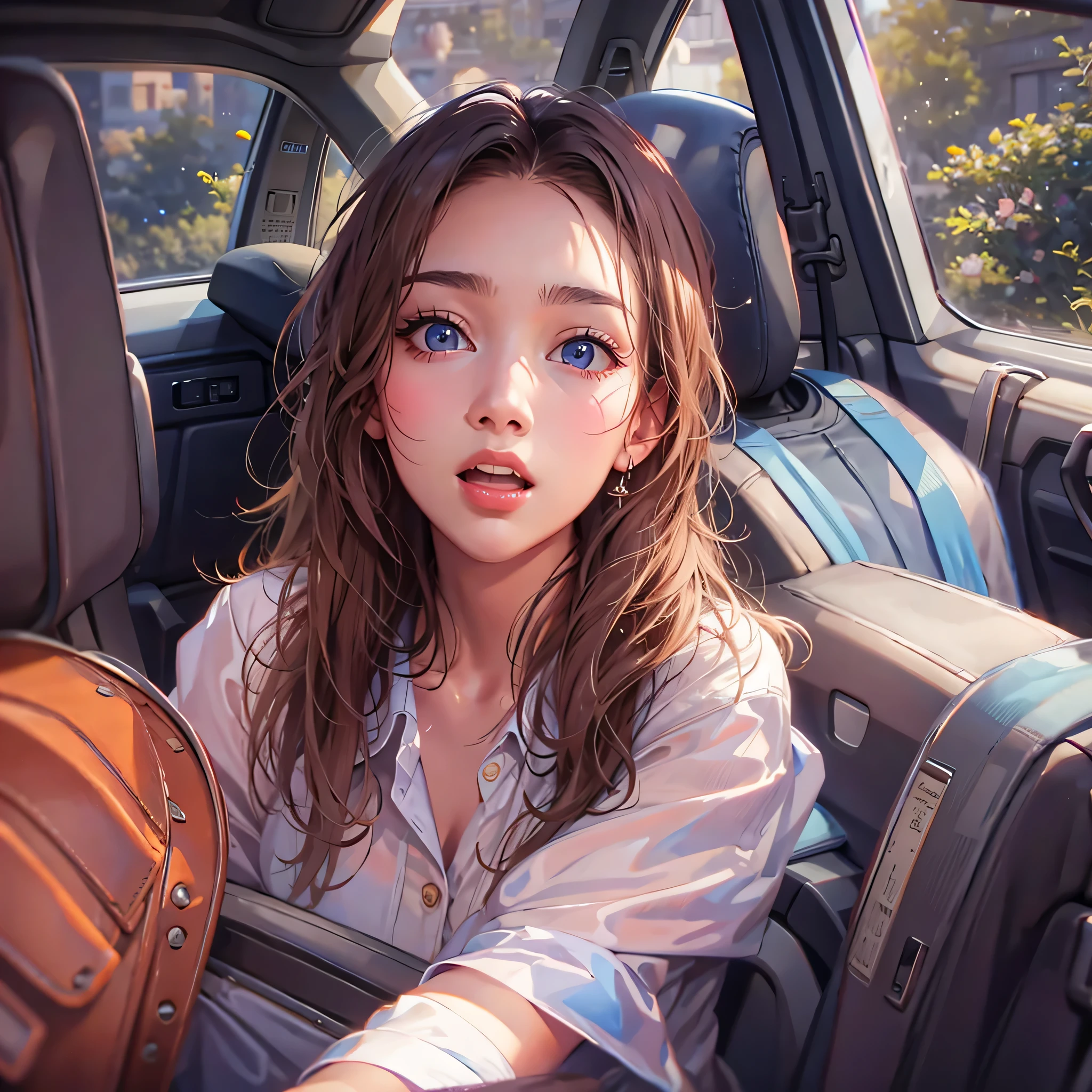 ((highest quality)), ((masterpiece)), (Get used to it), Perfect Face , beautiful girl , Riding in the passenger seat of a car , summer ,