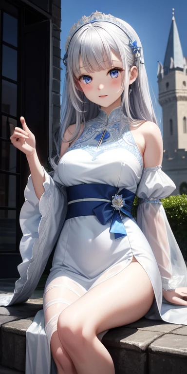 Silver Hair、Blue Eyes、White Dress、Castle、Cute Girls