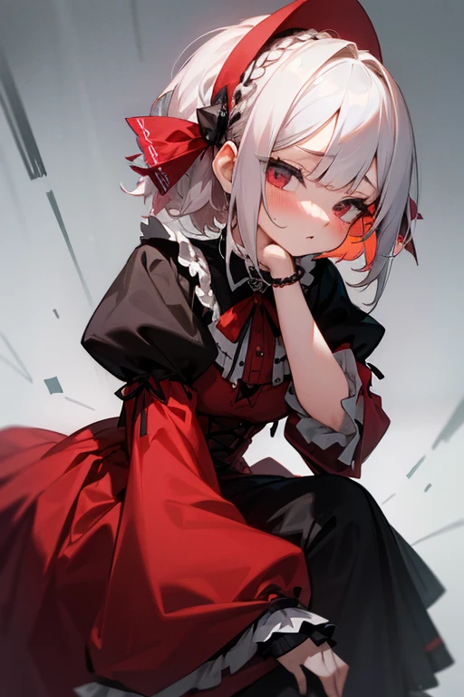 Short white hair, blush, Gothic Lolita、Punk Fashion、Headbang 2.、Red clothes、Braiding、