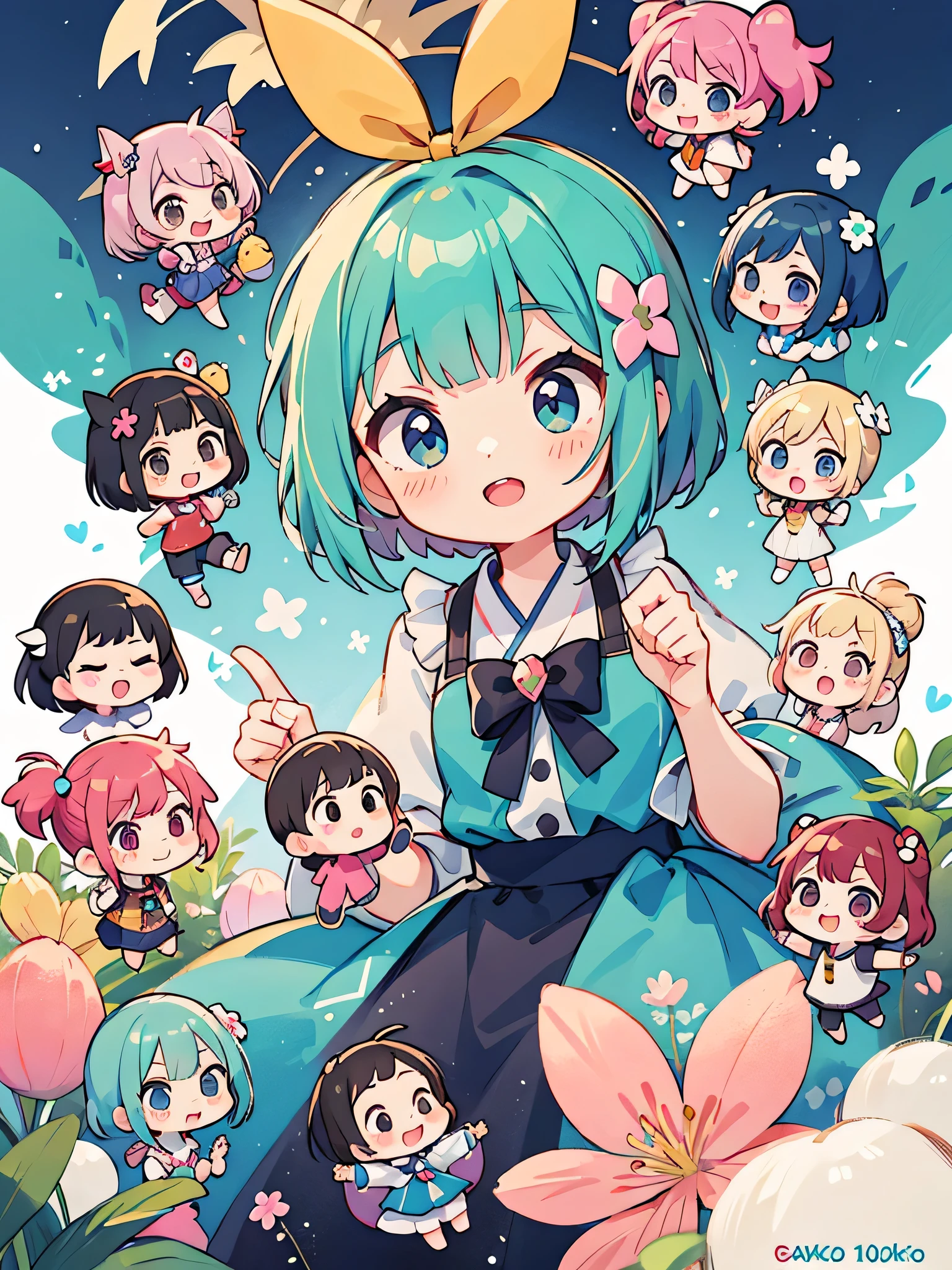 Momoko Sakura style, Kawaii Design, (((10 people)))、most beautiful girl ever、Chibi, Colorful bob hair、((Lots of friends))、Video games together