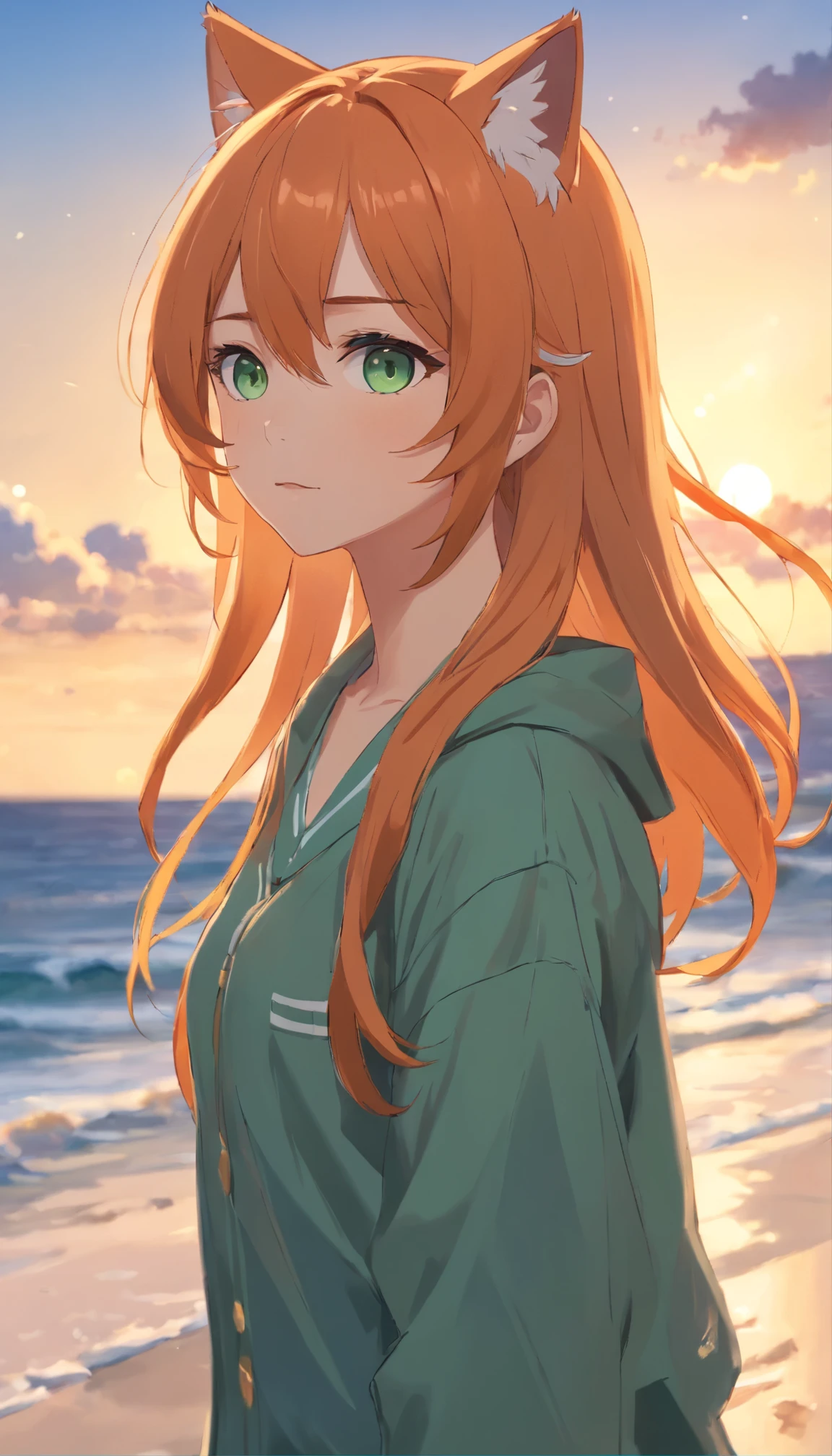 Anime girl with long orange hair, standing on the beach near the ocean, green eyes detailed digital anime art, cat ear, anime girl with long hair, гладкое аниме cg art, anime girl with long hair, digital anime art, work in Guweiz style, Beautiful anime portrait, Photorealistic render of an anime girl, Beautiful anime girl, advanced digital anime art, guweiz на artstation pixiv HD UHD HQ