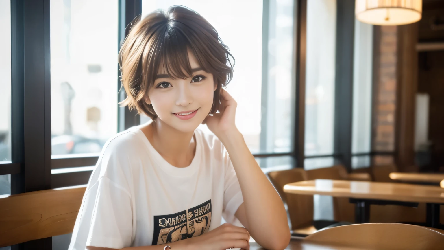 (highest quality,8K quality,masterpiece:1.3,),(超A high resolution:1.3,Photorealistic:1.4,RAW Photos:1.2),(Very detailed:1.2,Shiny skin,Fine skin:1.1),(Detailed face,Perfect Anatomy,Caustics:1.2),Stylish cafe,1 girl,cute,Japanese,22 years old,Natural brown hair,Curl short hair outward,cute目,Natural Makeup,oversized t-shirt,Laughter,Looking at the camera,Shot in a café,professional lighting,Natural soft light,