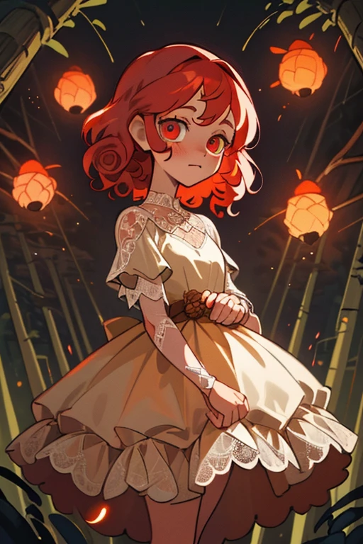 Best quality at best,tmasterpiece),1girll,Flashing fireflies,White lace dress,Rococo,The upper part of the body,forest backgrou,looking at viewert,Girl with red curly hair,flickering eyes,Take the pine cone,