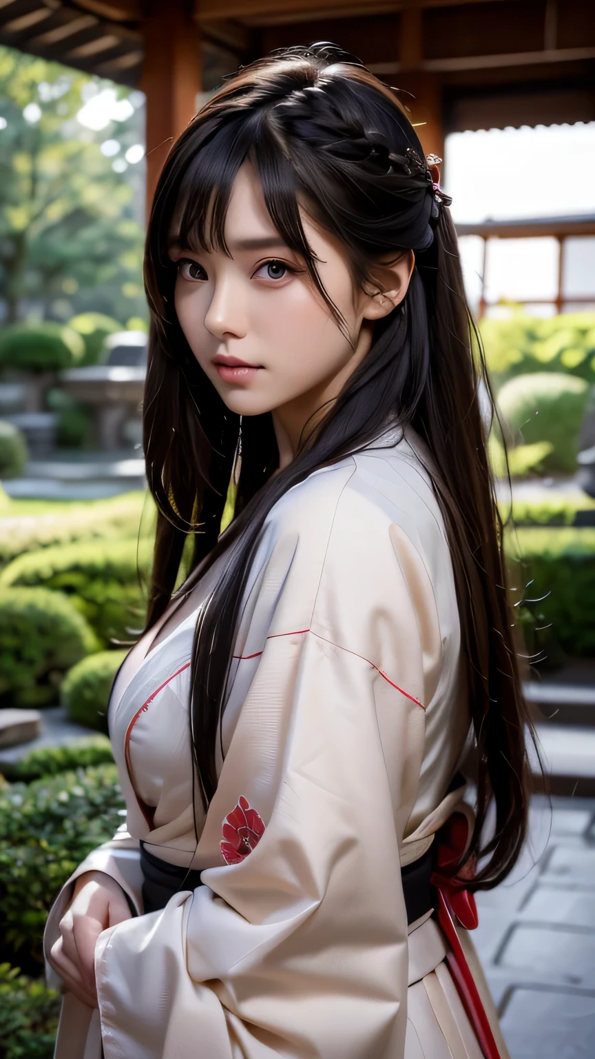 1 girl, dull bangs, Braid, wide sleeve, hair ornaments, kimono, red obi, (black hair:1.2), very long hair, straight hair, looking at the viewer, highly detailed background, (photo-realistic:1.2), fine eyes, red eyeshadow, Depth of the bounds written,thigh, (Ulzzang-6500:0.7), Upper body, (alone:1.2), (In an empty Japanese garden), cleavage,shiny skin、masterpiece, 最high quality, high quality, High resolution,