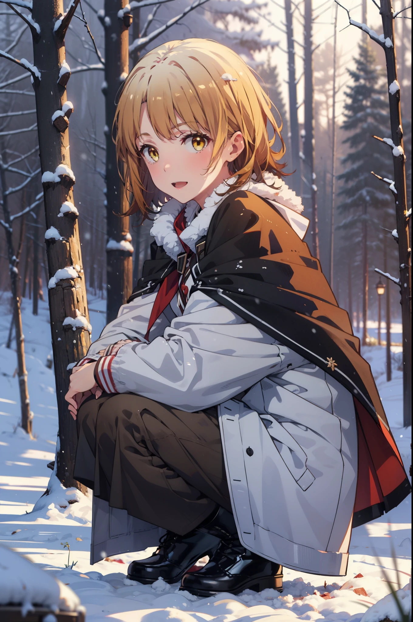 irohaisshiki, iroha isshiki, short hair, brown hair, (Brown eyes:1.5), smile,
Open your mouth,snow, fire, Outdoor, boots, snowing, From the side, wood, suitcase, Cape, Blurred, Food up, forest, White handbags, nature,  Squat, Mouth closed, フードed Cape, winter, Written boundary depth, Black shoes, red Cape break looking at viewer, Upper Body, whole body, break Outdoor, forest, nature, break (masterpiece:1.2), highest quality, High resolution, unity 8k wallpaper, (shape:0.8), (Fine and beautiful eyes:1.6), Highly detailed face, Perfect lighting, Highly detailed CG, (Perfect hands, Perfect Anatomy),