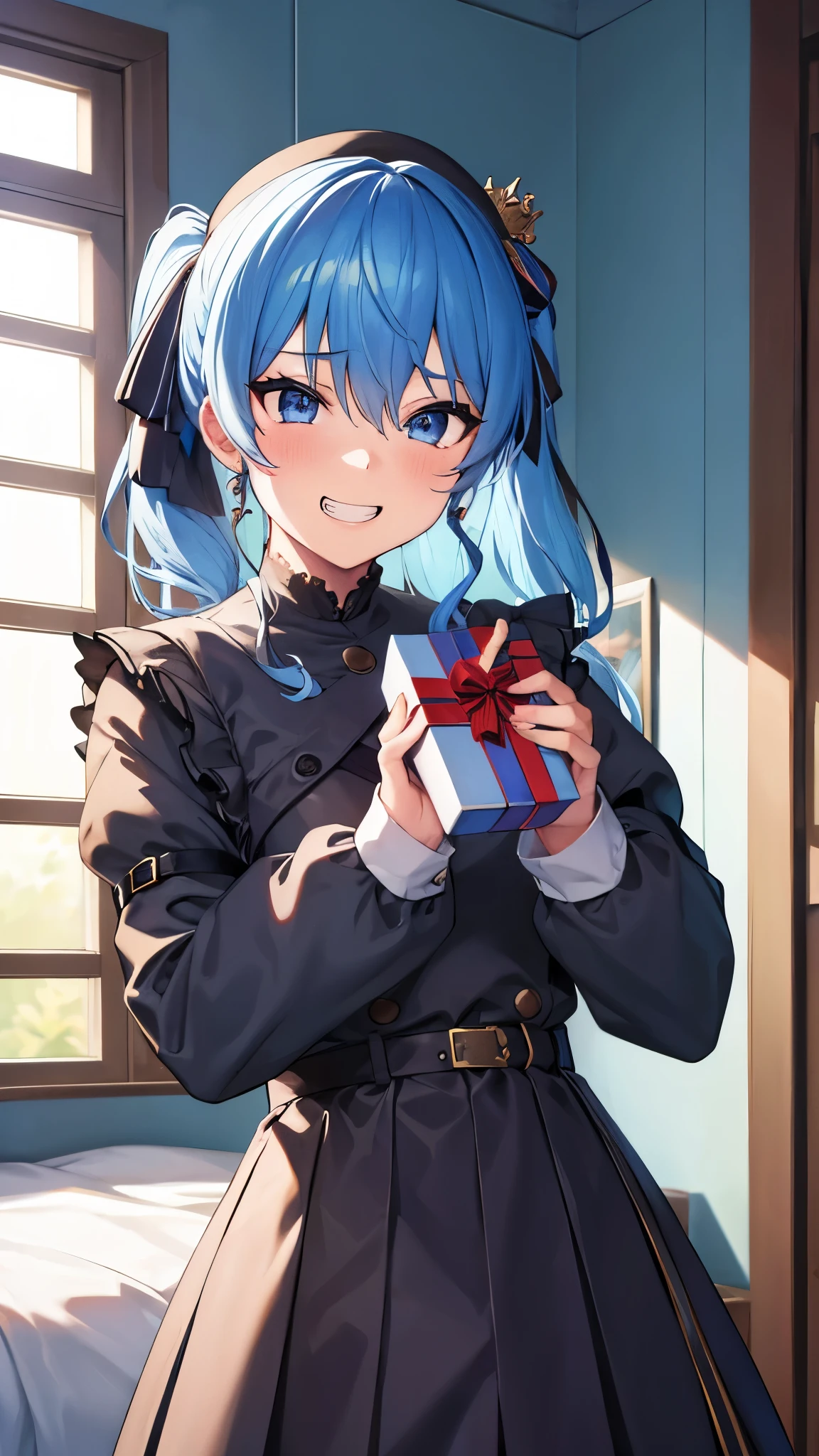 ((((Give the boy a gift box))))、 (Gift exchange)、((((Give a gift with both hands))))、flat tits、8K、highest quality,masterpiece、highest quality、 High resolution、Side Ponytail, hoshimachi suisei、skinny 、she is sadistic、 ((charm))、Keep your lips open、 (((evil grin)))、Perfect proportions、perfect finger、((In her room))、(((She is standing)))、pov、From below、