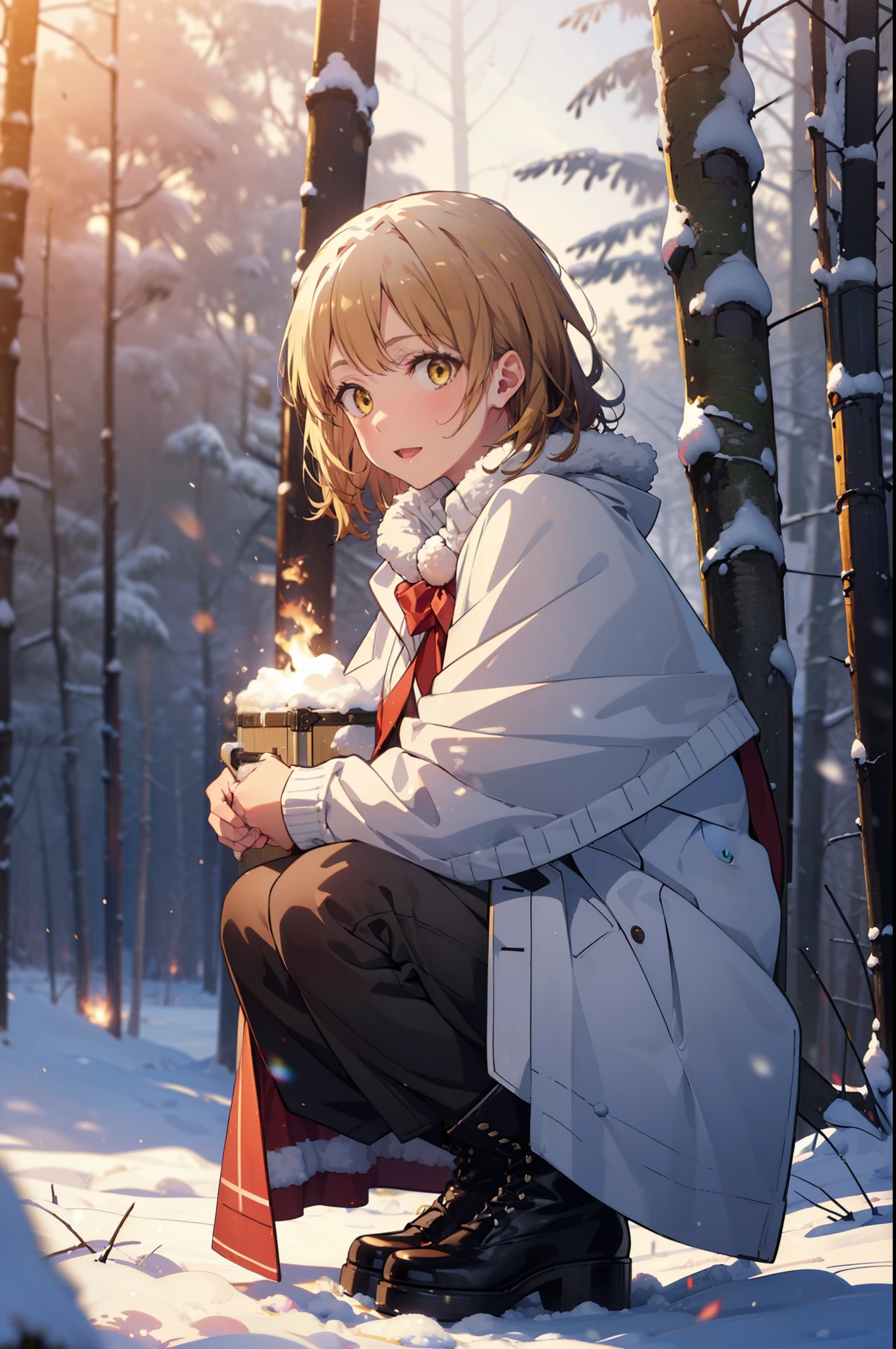 irohaisshiki, iroha isshiki, short hair, brown hair, (Brown eyes:1.5), smile,
Open your mouth,snow, fire, Outdoor, boots, snowing, From the side, wood, suitcase, Cape, Blurred, Food up, forest, White handbags, nature,  Squat, Mouth closed, フードed Cape, winter, Written boundary depth, Black shoes, red Cape break looking at viewer, Upper Body, whole body, break Outdoor, forest, nature, break (masterpiece:1.2), highest quality, High resolution, unity 8k wallpaper, (shape:0.8), (Fine and beautiful eyes:1.6), Highly detailed face, Perfect lighting, Highly detailed CG, (Perfect hands, Perfect Anatomy),