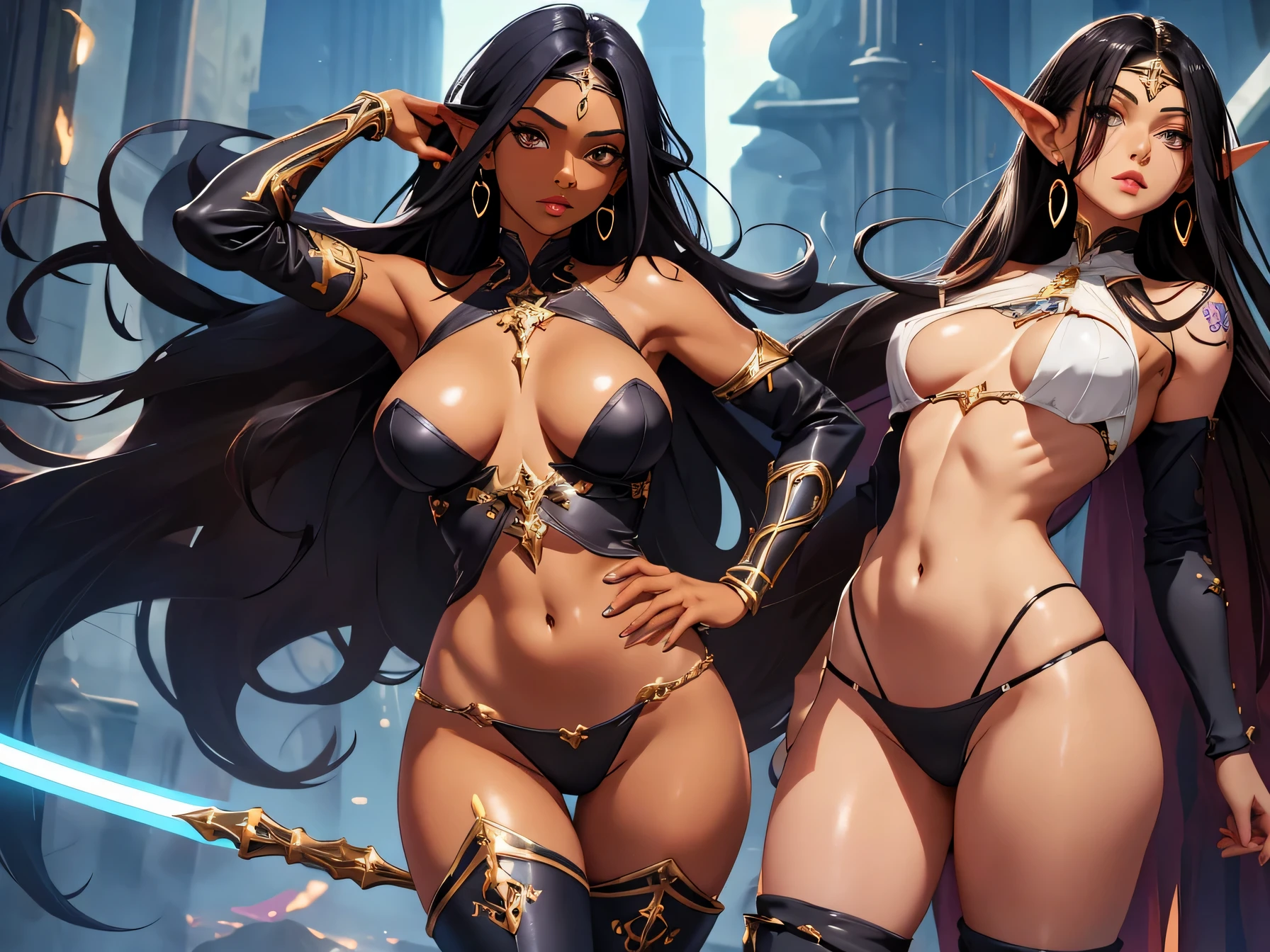 girl, areola slip, bare shoulders, black hair, boots, brown eyes, circlet, dark-skinned female, dark elf, dark skin, detached sleeves, earrings, elf, hair over one eye, highleg, highleg panties, jewelry, gigantic breasts, long hair, navel, olga discordia, panties, pointy ears, revealing clothes, shiny, shiny skin, solo, thighhighs, underwear, very long hair,shiny skin,pubic tattoo