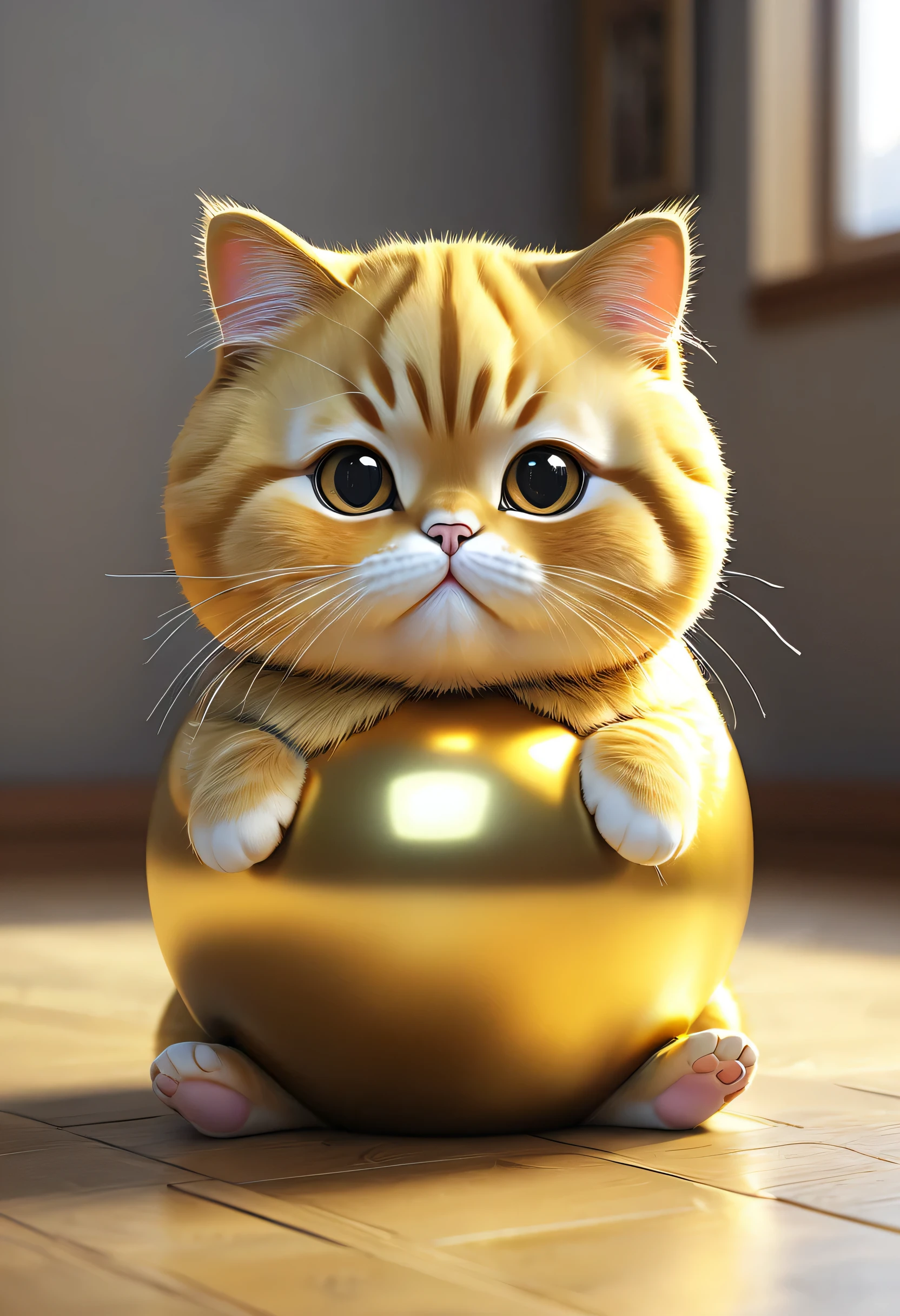 there is a goldCat that is sitting in a ball on the floor, Cute 3D rendering, fat chibi goldCat, Cat. Digital Painting, Realistic Gold, adorable Digital Painting, fat Cat, Cute digital art, chonker Cat, Cute and detailed digital art, ultra-realistic rendering, hyper-realistic rendering, Hyperreal Rendering, fat Cat superhero