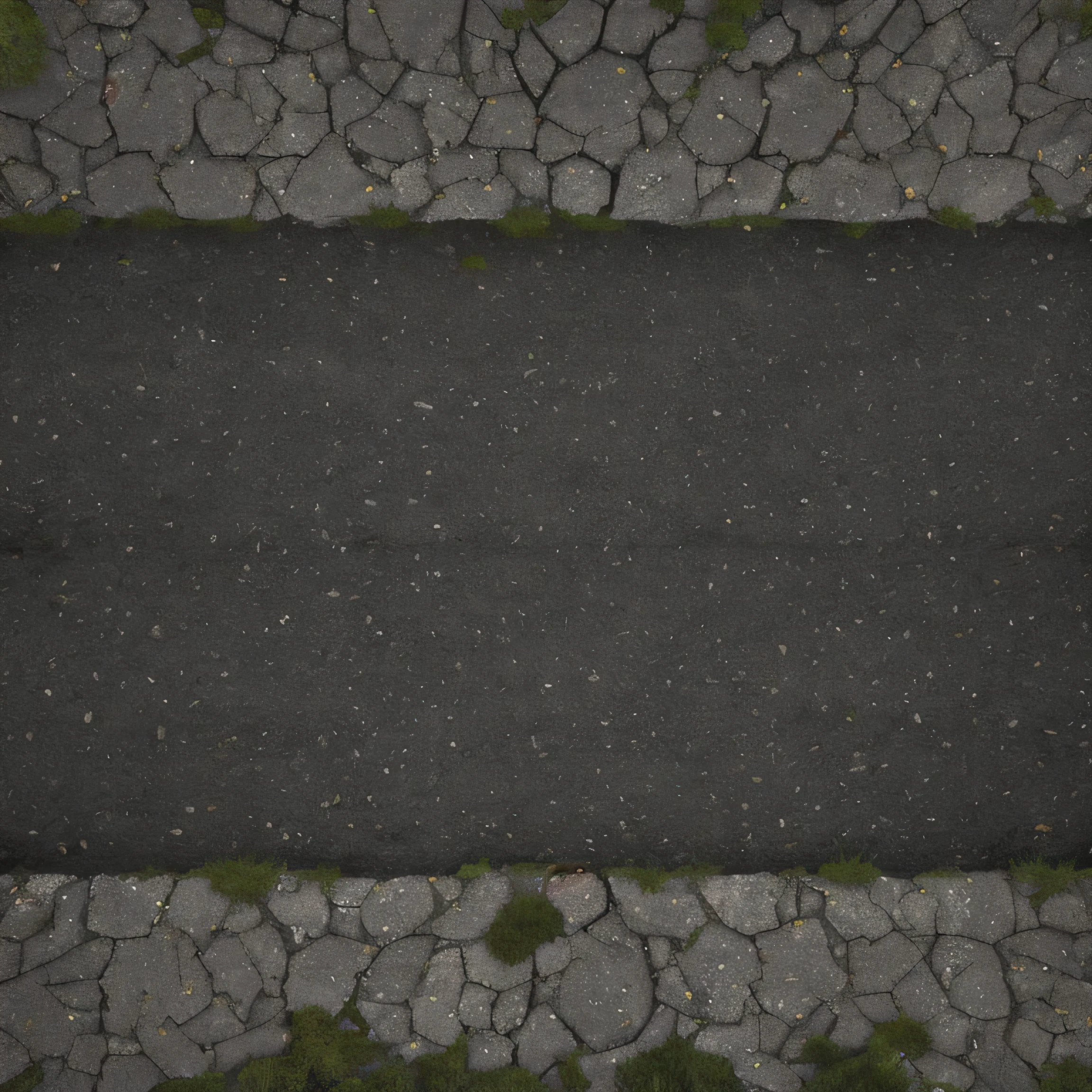 Old mossy cracked asphalt road top view, city road texture for the game