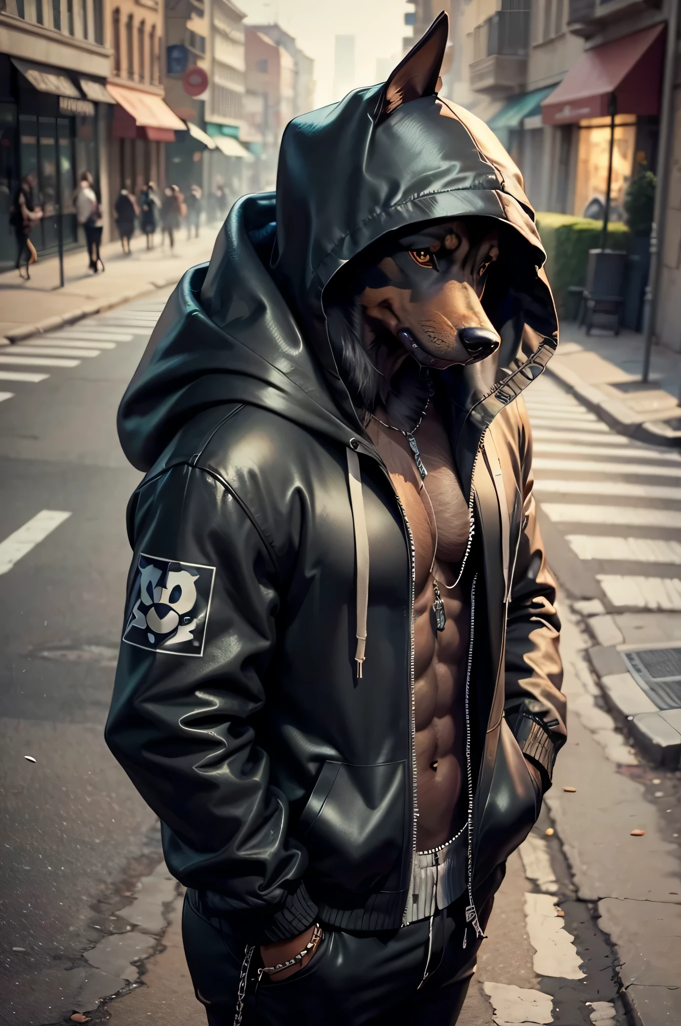C4tt4stic, Cartoon Doberman dog smoking cigarrete wearing a hooded jacket in urban streets (Body hair is black、Details of the appearance of the Doberman)