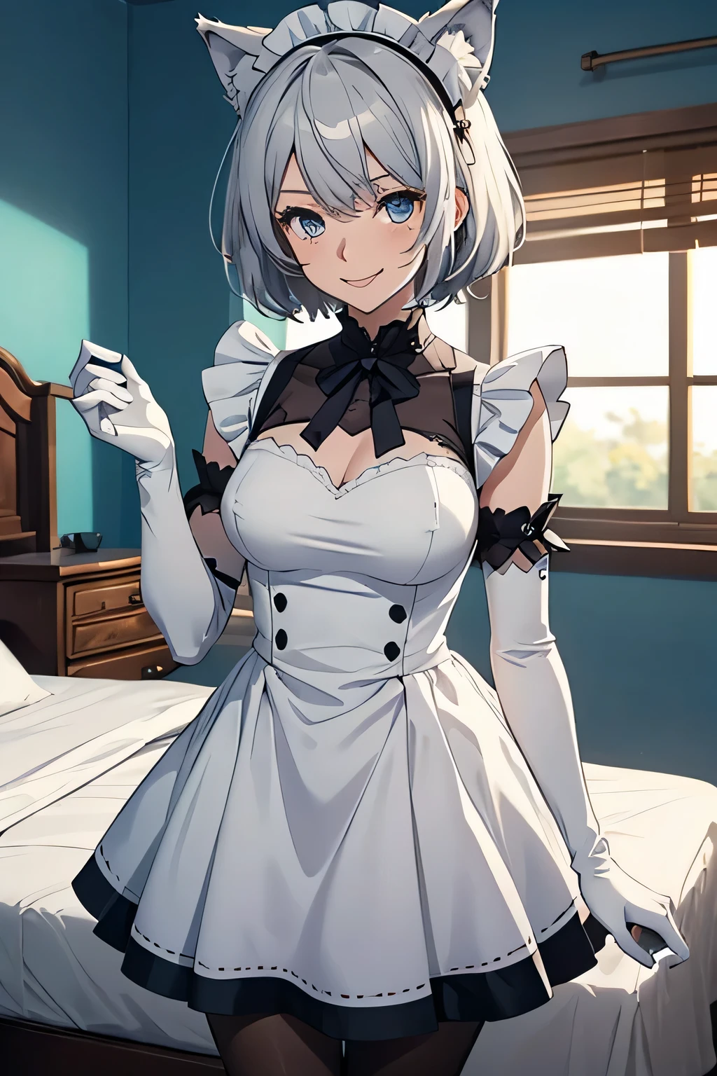 Tabletop Best image quality wonderful Attention to detail One Young Woman((Adult))Anime Style White maid outfit(leotard) Pure white gloves(Elbow Gloves) White Pantyhose(Plain) wolf ears short hair((Shortcuts)(Gray Hair)(Curly Hair)(fluffy)) smile(Happy) Eye color is blue background(Bedroom)