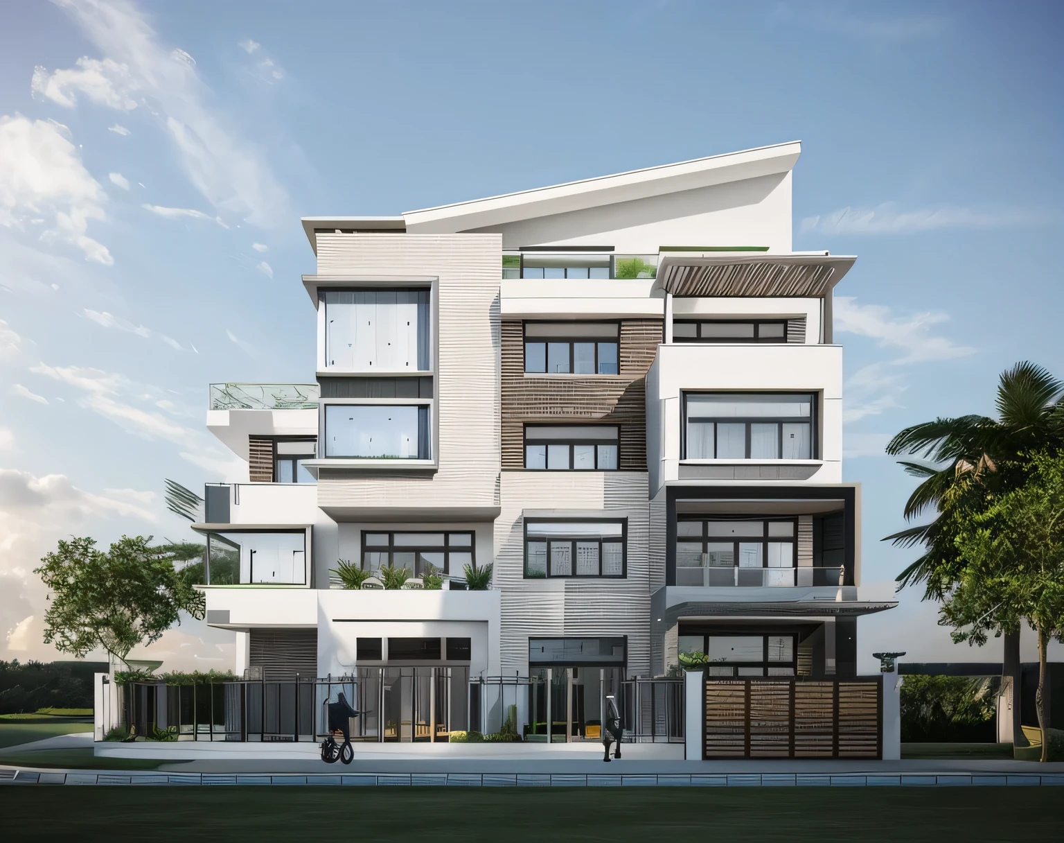 Promt:masterpiece, (photorealistic:1.2), best quality, ultra high res, exterior,architechture,modern house,white wall, glass windows,,trees,traffic road,design,trees around, blue sky,in the style of realistic hyper-detailed rendering, 32k uhd, low-angle, composite construction, piles/stacks, innovative page design, daylight,render( Vray:1.1)