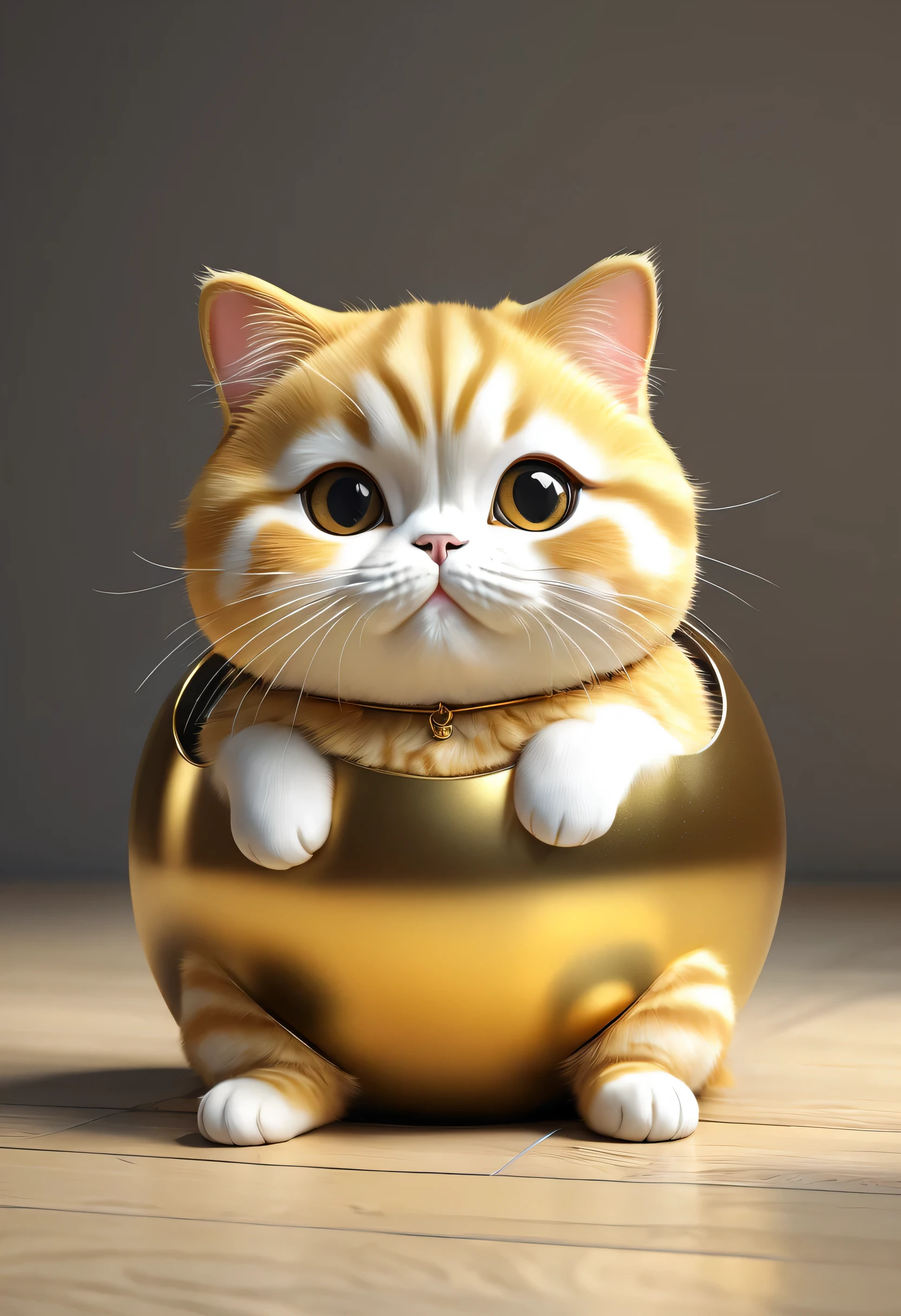 there is a goldCat that is sitting in a ball on the floor, Cute 3D rendering, fat chibi goldCat, Cat. Digital Painting, Realistic Gold, adorable Digital Painting, fat Cat, Cute digital art, chonker Cat, Cute and detailed digital art, ultra-realistic rendering, hyper-realistic rendering, Hyperreal Rendering, fat Cat superhero