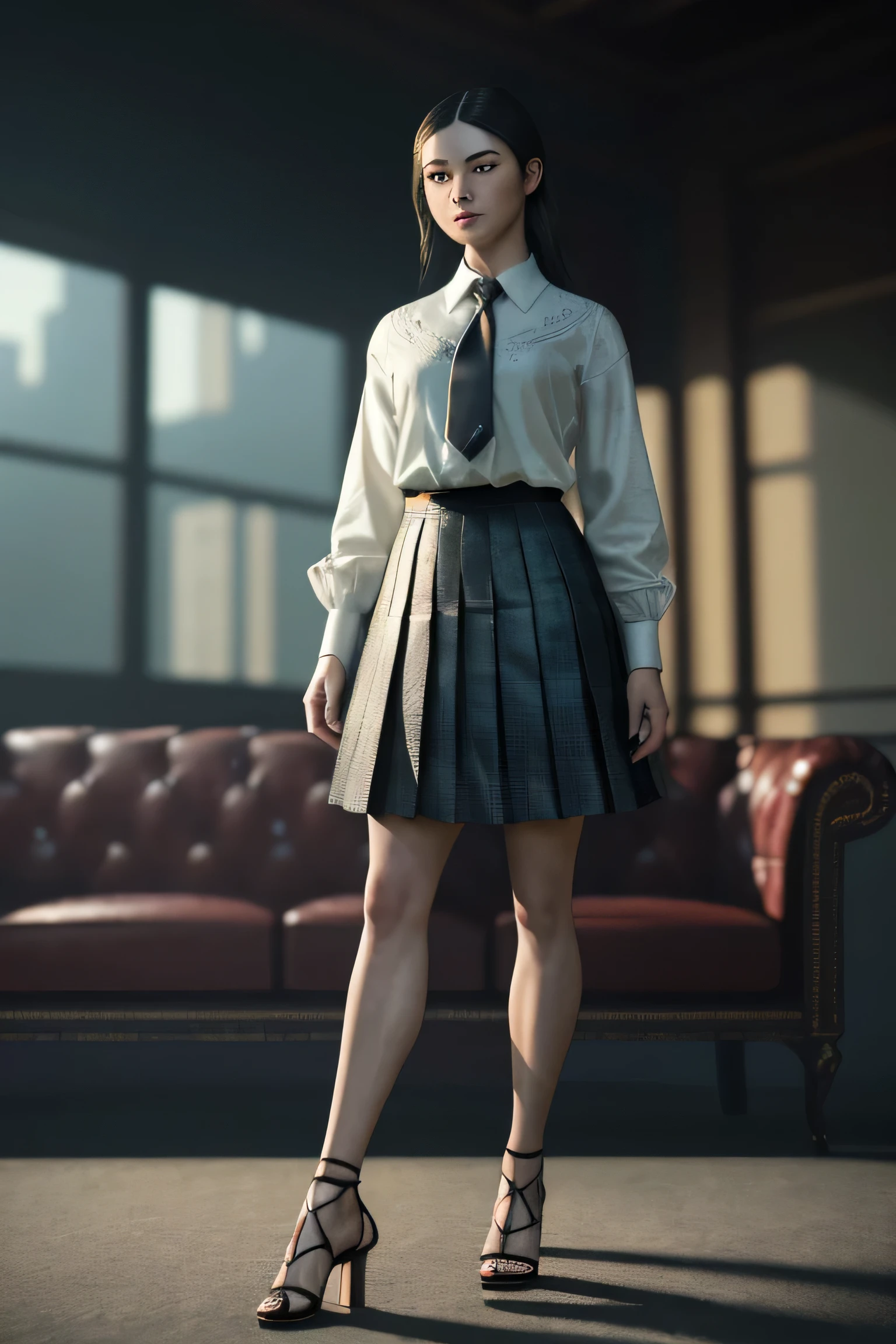(masterpiece), (extremely intricate:1.3), (realistic), portrait of a girl, (dark fantasy, gore), (dynamic perspective), the most beautiful in the world, (kick viewers lightly), indoors, from below, shirt, tie, pleated skirt, high-heeled sandals, smirk, couch, Hirosaki, Aomori, professional photograph of a stunning woman detailed, sharp focus, dramatic, award winning, cinematic lighting, octane render unreal engine, volumetrics dtx, (film grain, blurry background, blurry foreground, bokeh, depth of field)