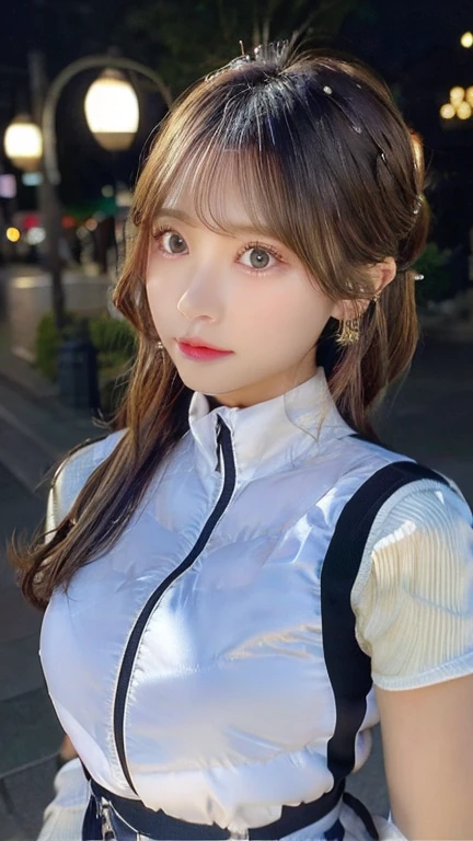 Woman standing upright facing the camera、Accentuate the cleavage、Light clothing、Expose、thin white shirt、(highest quality,masterpiece:1.3,超A high resolution,),(Very detailed,Caustics),(Photorealistic:1.4,RAW shooting,)Ultra-Realistic Capture,Very detailed,High resolution 16K suitable for human skin、 Natural skin texture、、Skin tone looks even and healthy、 Use natural light and color,One Woman,Japanese,,cute,Gray-haired,Middle Hair,(Written boundary depth、chromatic aberration、、wide range of lighting、natural shadows、)、(outdoor lights at night:1.4)、(Hair swaying in the wind:1)、short hair、hair ornaments、Put it on your ear、Casual hair,(astrovest):2