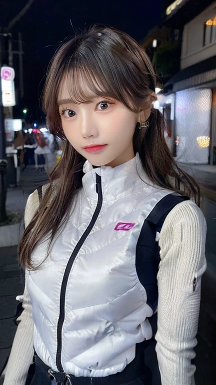 Woman standing upright facing the camera、Accentuate the cleavage、Light clothing、Expose、thin white shirt、(highest quality,masterpiece:1.3,超A high resolution,),(Very detailed,Caustics),(Photorealistic:1.4,RAW shooting,)Ultra-Realistic Capture,Very detailed,High resolution 16K suitable for human skin、 Natural skin texture、、Skin tone looks even and healthy、 Use natural light and color,One Woman,Japanese,,cute,Gray-haired,Middle Hair,(Written boundary depth、chromatic aberration、、wide range of lighting、natural shadows、)、(outdoor lights at night:1.4)、(Hair swaying in the wind:1)、short hair、hair ornaments、Put it on your ear、Casual hair,(astrovest):2