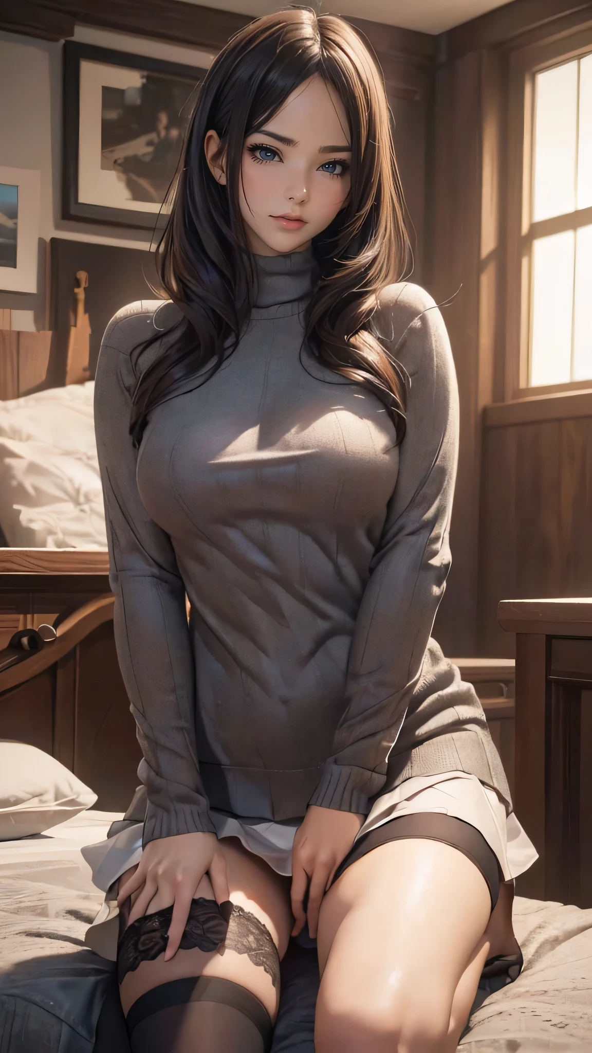 (random porn pose),(Highest image quality,(8k),ultra-realistic,best quality, high quality, high definition, high quality texture,high detail,beautiful detailed,fine detailed,extremely detailed cg,detailed texture,a realistic representation of the face,masterpiece,Sense of presence),sweater,tight mini skirt,stockings,Engineer boot