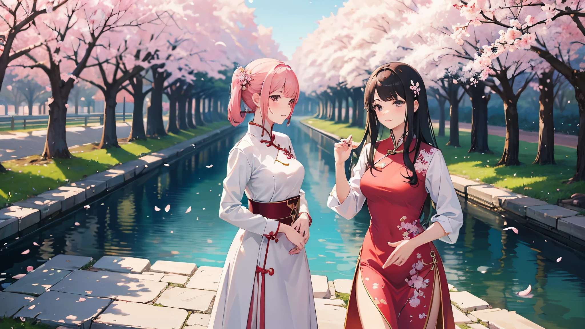 Create an 8K anime-style masterpiece, A portrait of pure elegance and vibrancy, High school girls wearing long Chinese dresses. The illustration shows her wearing a Chinese dress.。、 The setting is a vibrant spring scene beneath the cherry blossom trees at the school., She is depicted walking happily and chatting with a friend.. every detail, From the soft folds of the uniform to the delicate pink petals of the cherry blossoms, Rendered in the highest quality and ultra-detailed detail, Beautiful and nostalgic、Creating a scene filled with the joy of youth.