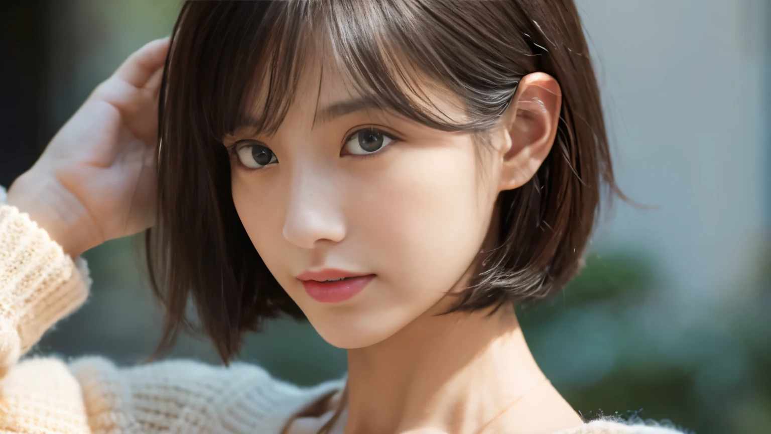 (highest quality、8k、32k、masterpiece、Hmph:1.2)、cute日本人女性の写真、very short bob hair、Upper Body、surface focus、Extra Large_sweater、necklace、Cafe Background、Search for viewers x4、(8k、RAW Photos、highest quality、masterpiece:1.2)、(Realistic、Photorealistic:1.37)、1 girl、cute、professional lighting、Photon Mapping、physically based rendering、Gradient brunette hair、Short Curly Hair、good looking、Excellent image quality、High resolution、1080p、(Beautiful face)、(Detailed facial depiction)、(Detailed Hand Explanation)、(Masseter muscle area)、(Detailed CG)、 Extreme light and shadow、Dirty hair、masterpiece、Rich details、(exquisite features)、(Best image quality)、(masterpiece)、(Detailed eyes)、Delicate clavicle、Various poses、Don'Don't look at the camera、profile、Photo taken in a stylish cafe、Spring Clothes、simple necklace、knit,