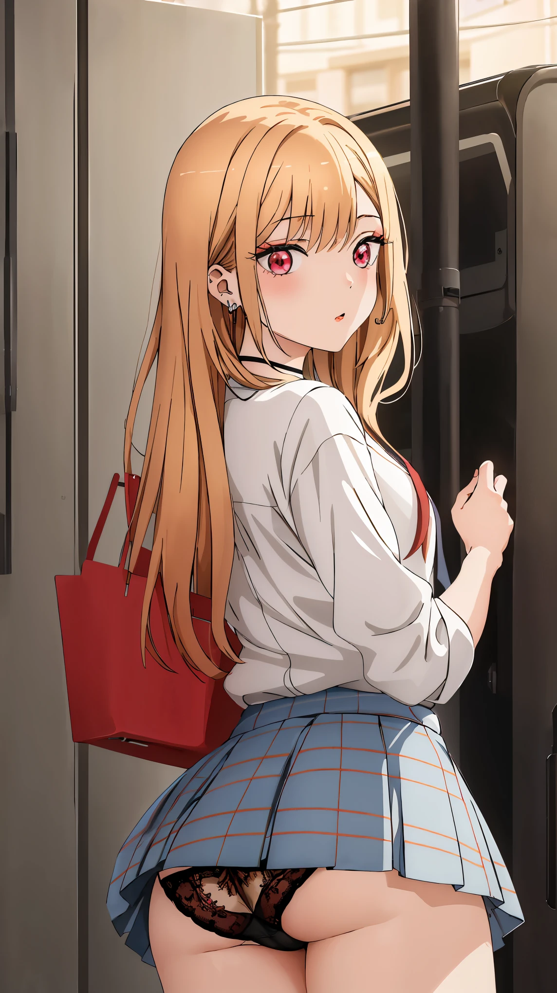 masterpiece, highest quality, High resolution, kitagawa marin sb, The centre of gravity is at the rear, 1 girl, Blonde, Long Hair, Colorful Hair, Red eyes, jewelry, Earrings, Earrings, , White shirt, tide shirt, black choker, Blue tie, Checked skirt, whole body, lace black panties,(Showing panties:1.3), (Back view:1.3), (Looking back:1.5), Outdoor, shopping