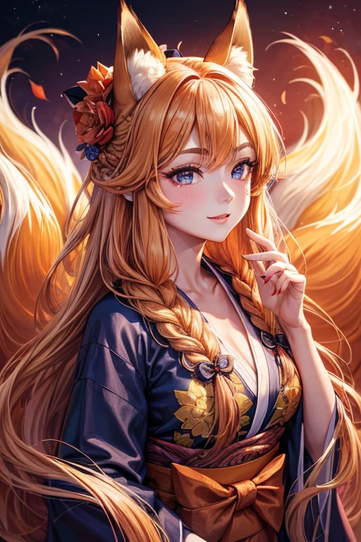 (masterpiece,best quality,ultra-detailed), A portrait of a beautiful adult woman smilling at us, Blonde straight hair styled into a French braid that rests over the left shoulder, Small eyebrows, captivating purplish-blue eyes, red eyeshadow, Her features are delicate and finely shaped, with a small, refined nose and lips, large and tall fluffy fox ears in vibrant orange with black tips, A striking red flower is gracefully tucked into her braid, Wide traditional blue yukata adorned with intricate floral patterns, ethereal allure ((Manhwa mom)) large hips, fox queen with 9-tails, 8k, beautiful scenery ((no other ears but fox ears))