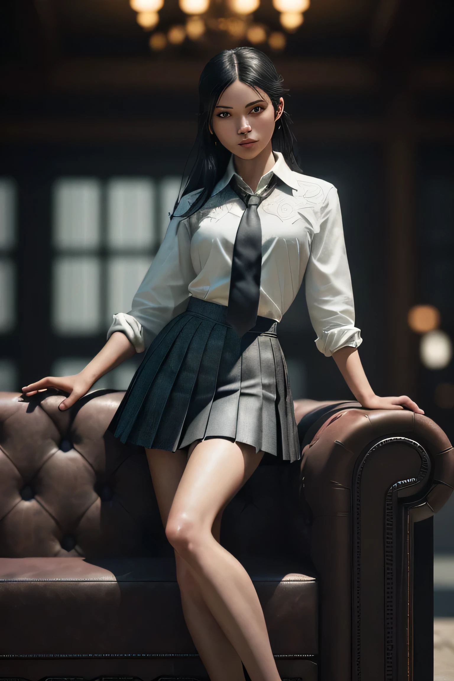 (masterpiece), (extremely intricate:1.3), (realistic), portrait of a girl, (dark fantasy, gore), (dynamic perspective), the most beautiful in the world, (kick viewers lightly), indoors, from below, shirt, tie, pleated skirt, high-heeled sandals, smirk, couch, Hirosaki, Aomori, professional photograph of a stunning woman detailed, sharp focus, dramatic, award winning, cinematic lighting, octane render unreal engine, volumetrics dtx, (film grain, blurry background, blurry foreground, bokeh, depth of field)