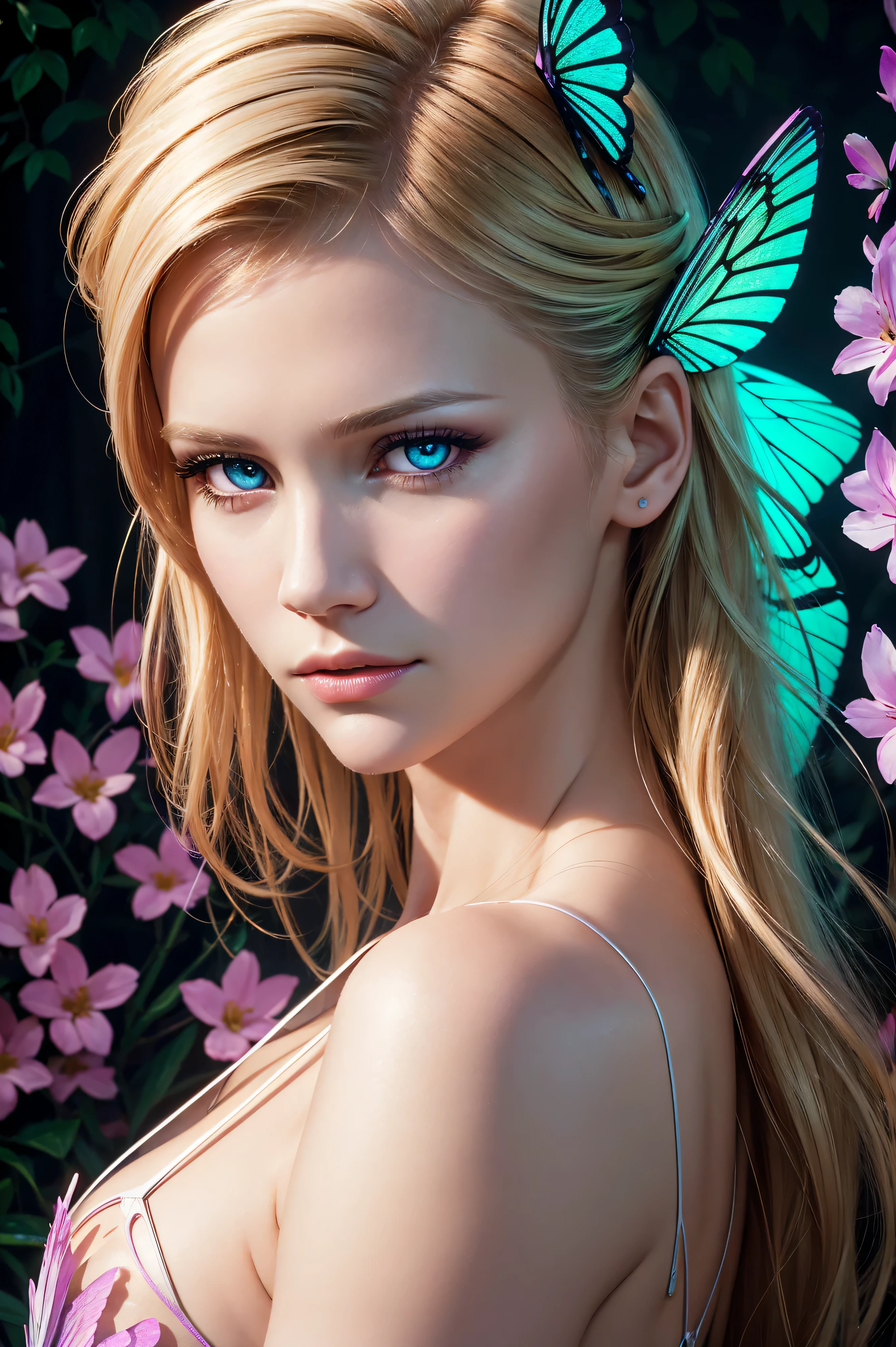 January Jones, wearing neon butterfly costume transparent. professionally retouched, soft lighting, realistic, smooth face, perfect eyes, sharp focus on eyes, 8 k, high definition, insanely detailed, intricate, elegant. against the background of the garden.