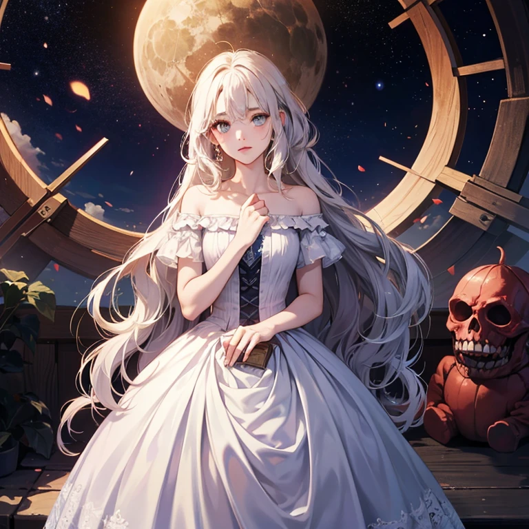 em 8K, Maximum quality, imagem real, detalhes intrincados,1 garota em、The one-eyed giant、cabelo loiro、vestido branco、loimu、a noite、Horror\(tema\) obra-prima、Maximum quality、altamente detalhado