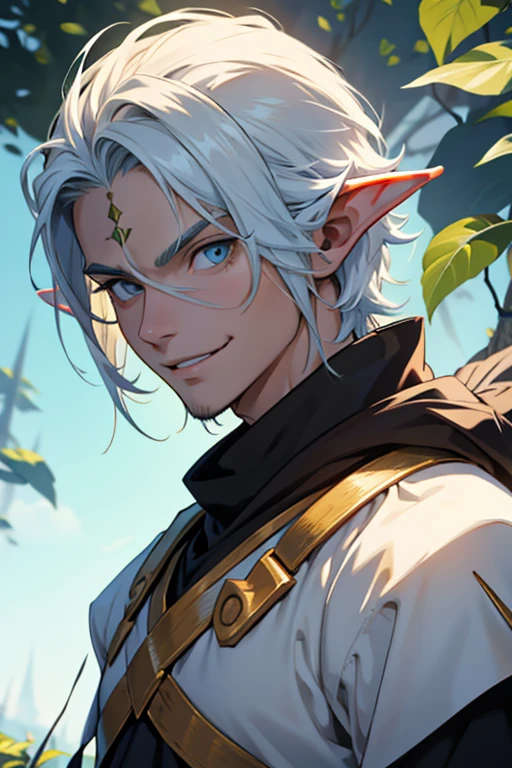 anime - imagem estilo de um jovem elfo com olhos roxos e cabelos brancos, a portrait of um elfo masculino, lindo elfo masculino, um elfo masculino, retrato de um jovem elfo bruxo, handsome guy in demon slayer art, elfo masculino, jovem meio elfo bruxo, handsome androgynous prince, elven character with smile, obras de arte no estilo de guweiz, serious,