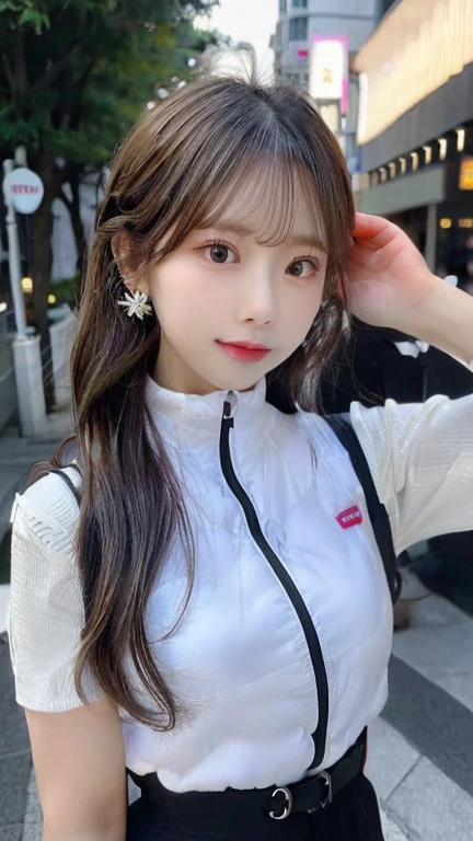 Woman standing upright facing the camera、Accentuate the cleavage、Light clothing、Expose、thin white shirt、(highest quality,masterpiece:1.3,超A high resolution,),(Very detailed,Caustics),(Photorealistic:1.4,RAW shooting,)Ultra-Realistic Capture,Very detailed,High resolution 16K suitable for human skin、 Natural skin texture、、Skin tone looks even and healthy、 Use natural light and color,One Woman,Japanese,,cute,Gray-haired,Middle Hair,(Written boundary depth、chromatic aberration、、wide range of lighting、natural shadows、)、(outdoor lights at night:1.4)、(Hair swaying in the wind:1)、short hair、hair ornaments、Put it on your ear、Casual hair,(astrovest):2