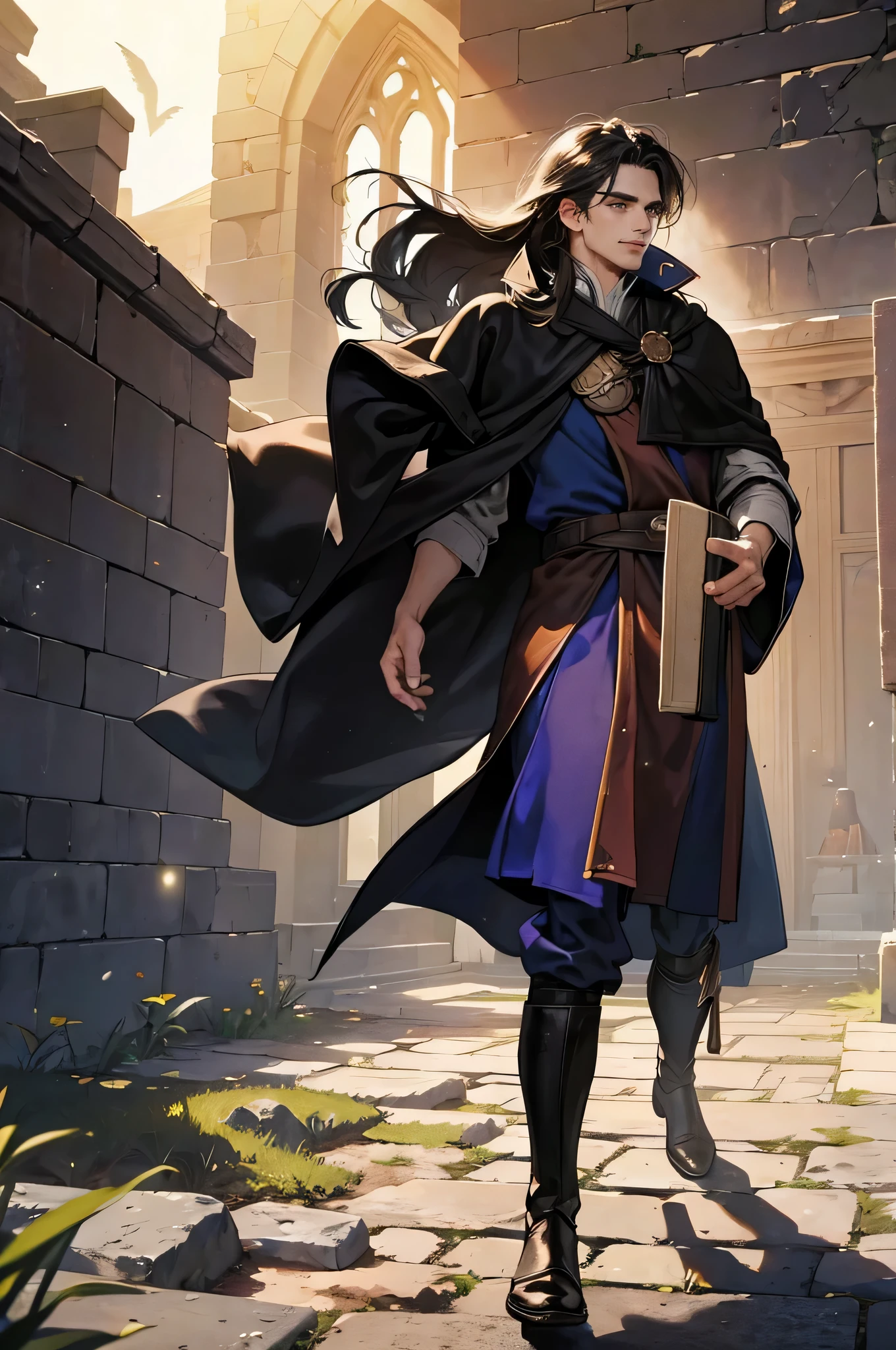 (((((male))))), masterpiece, ultra detailed, 8K Portrait, Raw photo, man's portrait photography, Highly detailed face, beautiful and meticulous eyes, ((Fantasy)), 30 years old (((man))), 170 cm, (((((mage))))), (((slimming))), ((dark big hair)), Smile, adventurer, (((mage robe))) Fluttering in the wind, leather boots, Holding a magic gloves, Midday Sun, Hyper realistic, Long legs, in the medieval adventurer's guild, Ambient lighting, Shadow details , Camera focus on face, strong breeze, Light fog