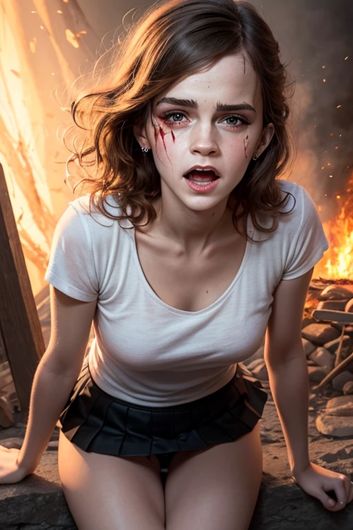 masterpiece, best quality, (undead Emma Watson:1.3), elegant, 1 undead evil demoness, cute, blushed, looking at viewer, from above, blonde wavy hair, (blood in open mouth:1.3), open panties under the mini skirt, white and black striped T-shirt, wet T-shirt, blue eyes, beautiful eyes, inferno in background, light particles, dramatic lighting, inferno, realistic, best quality, ultra-detailed, scenery, beautiful detailed eyes, detailed hair on the tiny breasts, demons, evil spirits