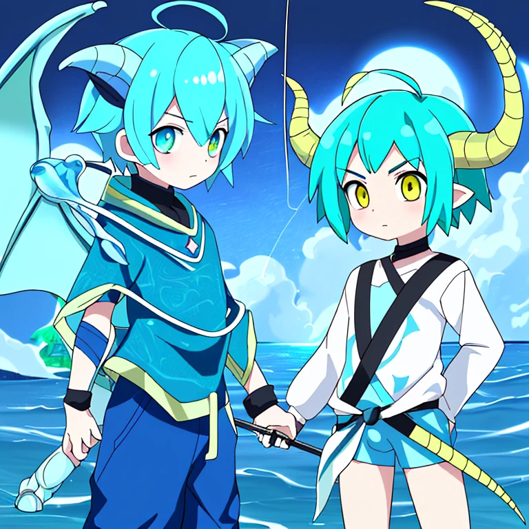 Look like a 10yr boy but is can turn into Reptilian water dragon (https://www.dragon-mania-legends.wiki/wiki/Water_Dragon), cyan hair color, short hair, yellow eye, one golden horns in his forehead in the middle, It has two fins on either side of the back of its head as a ear, each with blue-gray webbing. Two spiral, have a ocean-blue pattern, wear a short outfit color Cyan and blue, holding a fishing pole as a main weapon, is a healer, the gender is male,