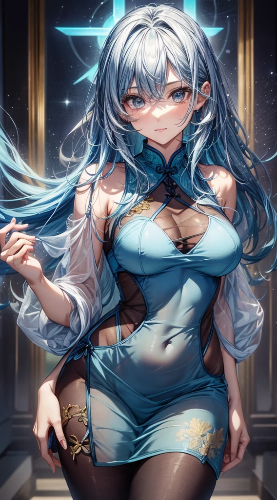 highest quality,All limbs,full finger,light blue hair woman,wavy hair woman、beautiful biggest breasted、Slender beauty、1 female、(((A woman wearing a super sheer blue short cheongsam dress:1.3))), golden pattern cheongsam、(((woman wearing sparking sheer brown pantyhose)))、angel smile,full body:1.7,hands on hips